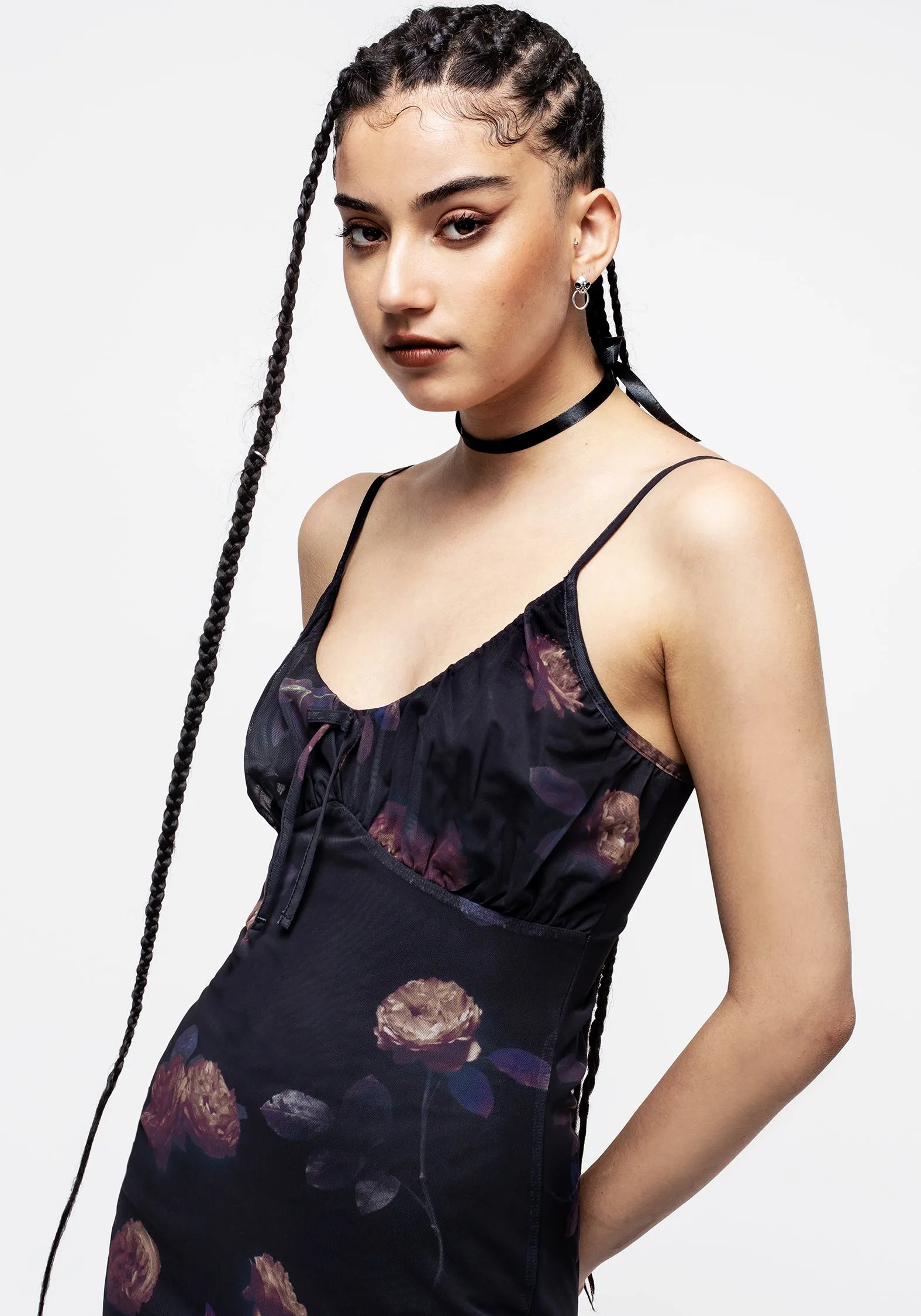 Monica Floral Mesh Midi Dress Wide Hemline