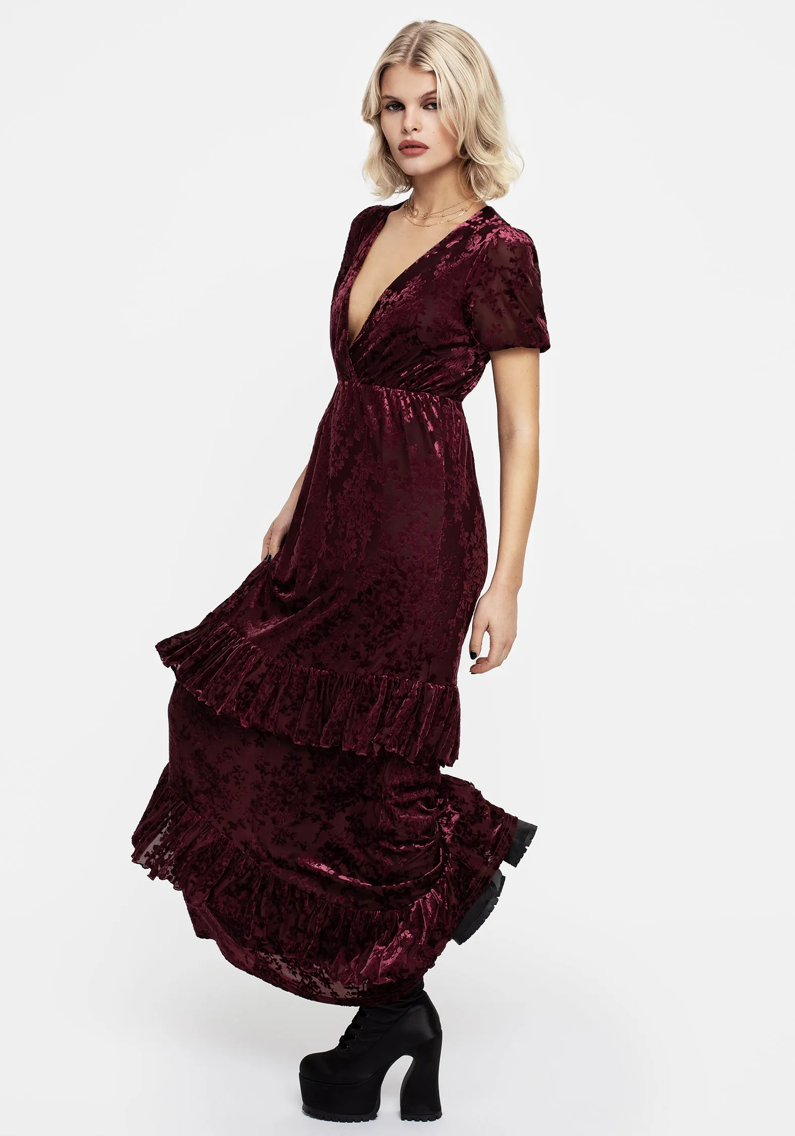 Monotropa Floral Flocked Velour Frill Midaxi Dress Sheer Layer Quick Glam