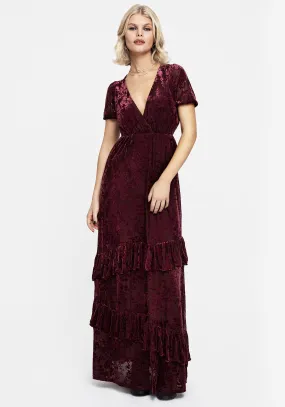 Monotropa Floral Flocked Velour Frill Midaxi Dress Velvet-Sleeve