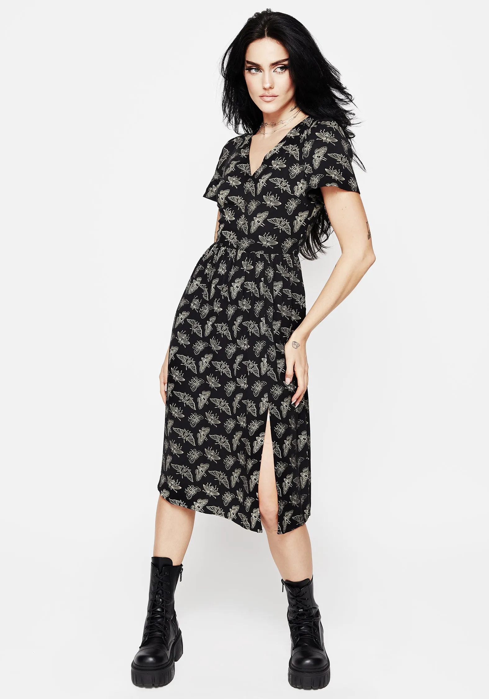Mortmoth Short Sleeve Midi Dress Scoop-Neck Premium Material