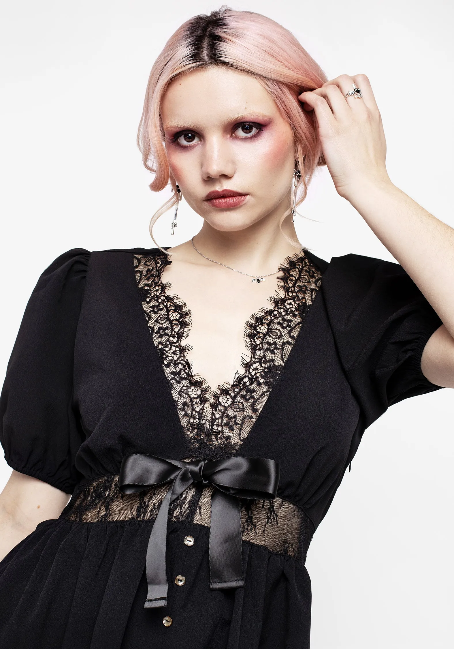 Bold Touches Timeless Energy Mortuary Lace Button Up Mini Dress