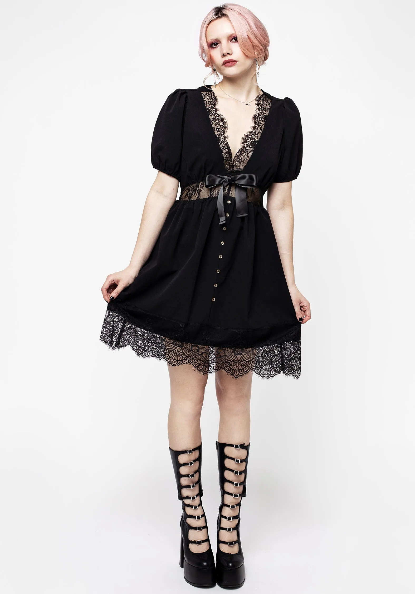 Quiet Sweet Mortuary Lace Button Up Mini Dress