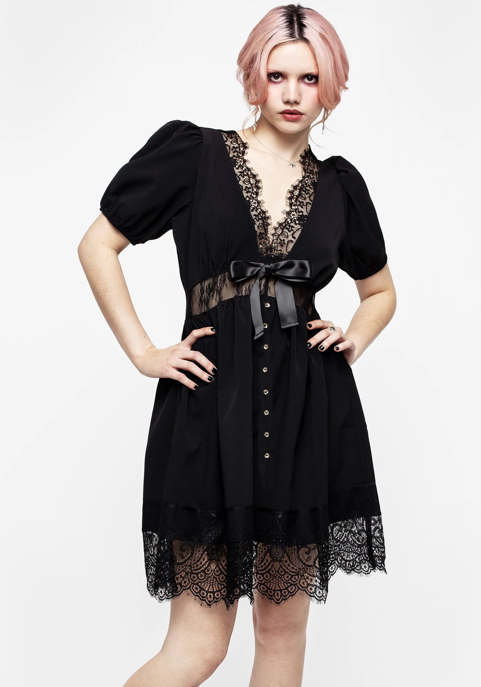 Flattering Cut Boxy-Style Mortuary Lace Button Up Mini Dress