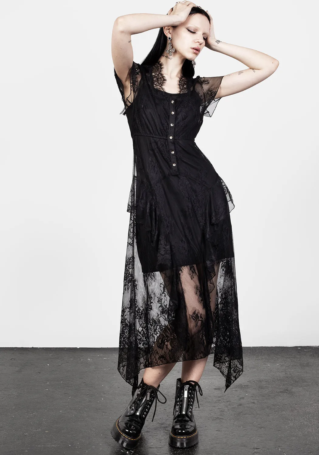 Mourning Lace Cascade Midaxi Dress Smart Outfit Cap-Sleeve