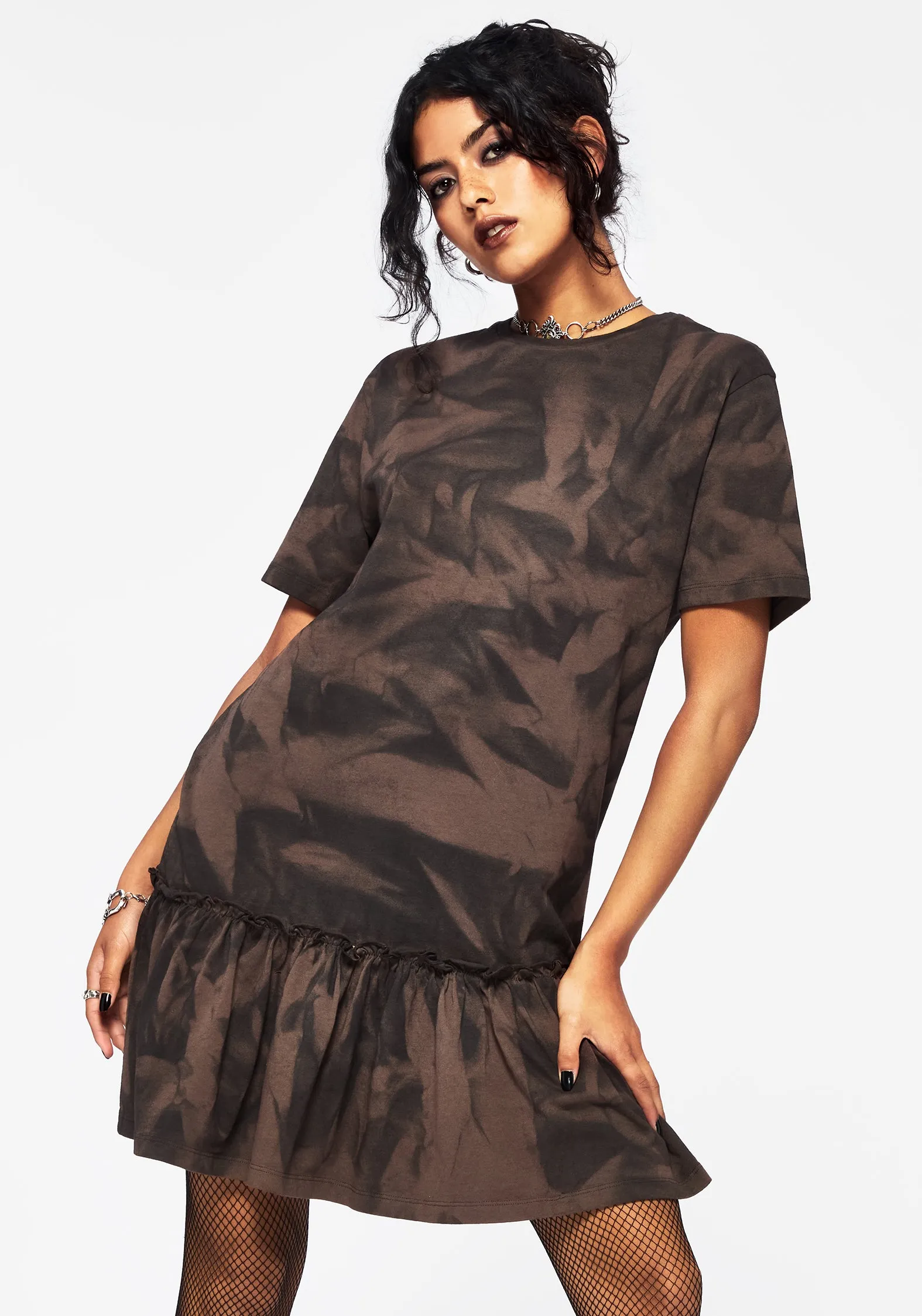 Simple Chic Timeless Layer Mugwort Cotton Ombre Jersey Frill Hem Mini Dress