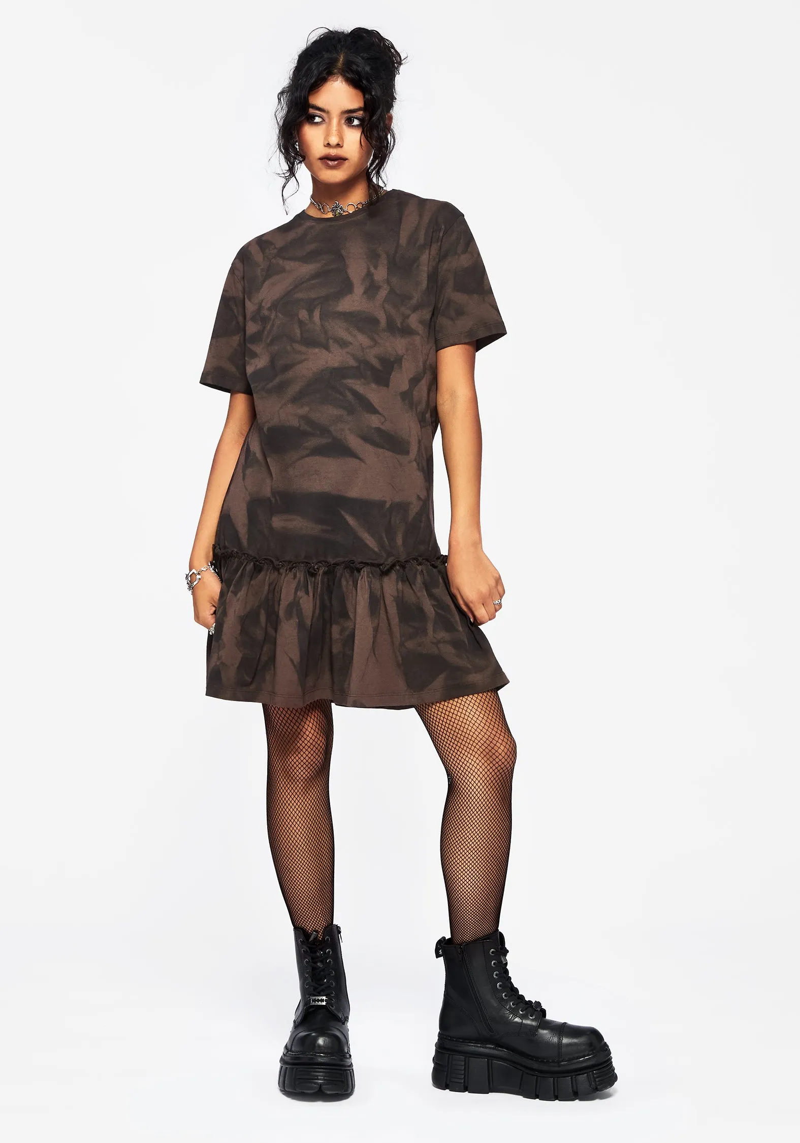 Mugwort Cotton Ombre Jersey Frill Hem Mini Dress Zigzag Stitch Reinforcement