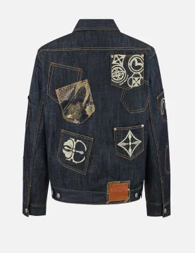 Multi-Pocket with Brocade Patch Regular Fit Denim Jacket AbrasionResistant Surface Self Fabric Tie Closure