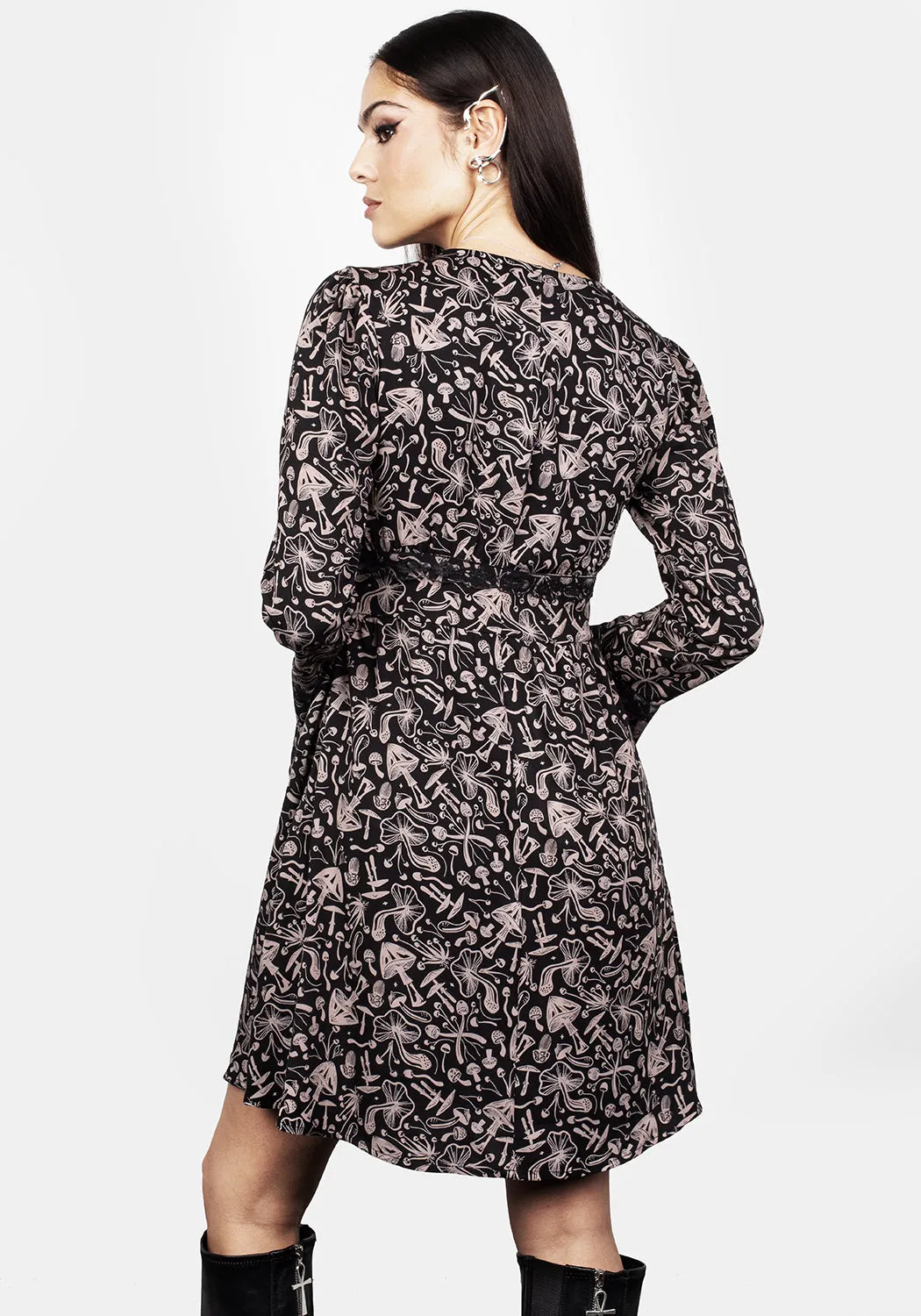 Everyday Use Feminine Line Mycophile Mushroom Print Mini Ruffle Dress