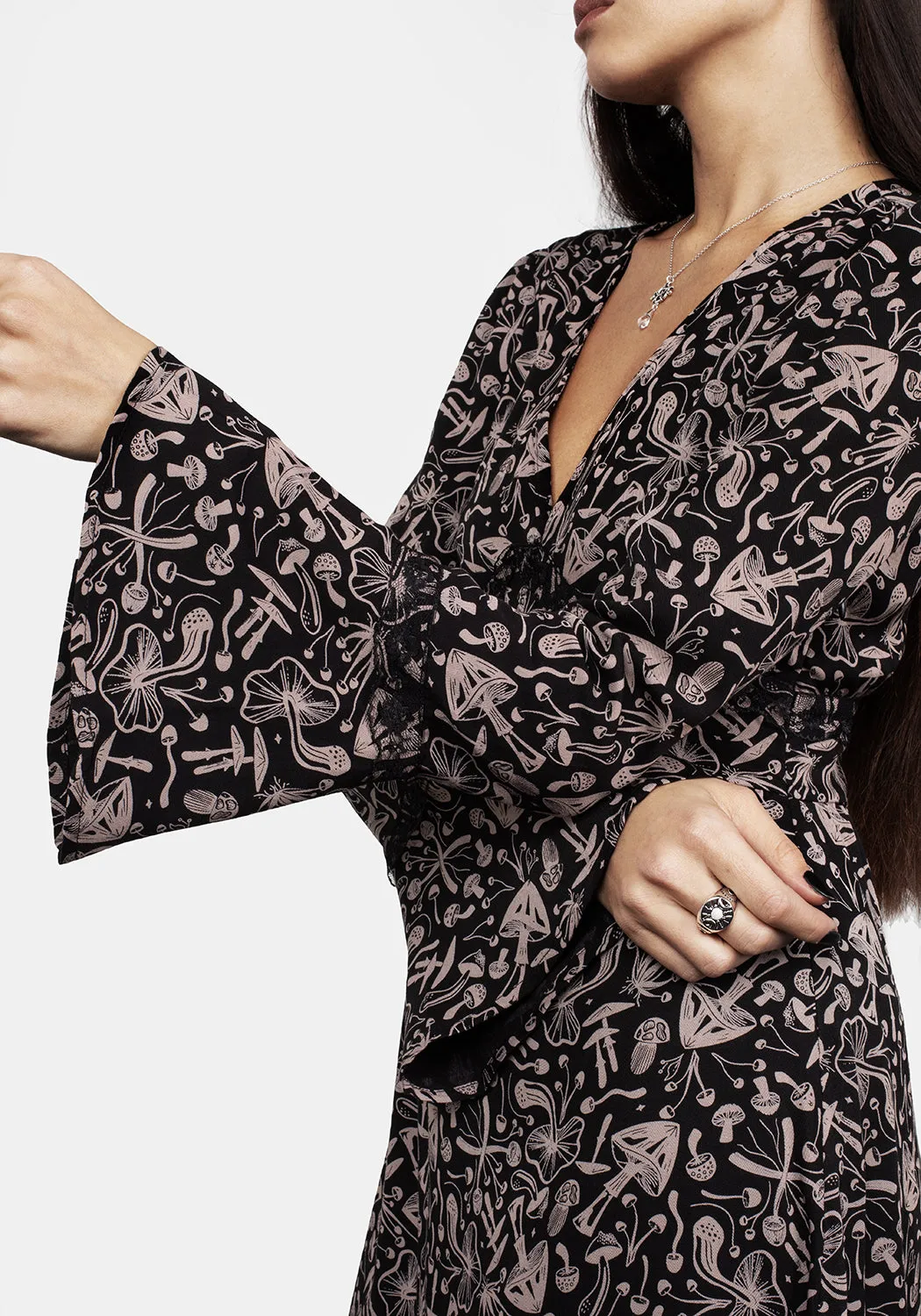 Mycophile Mushroom Print Mini Ruffle Dress Classic Wear Easy Fit