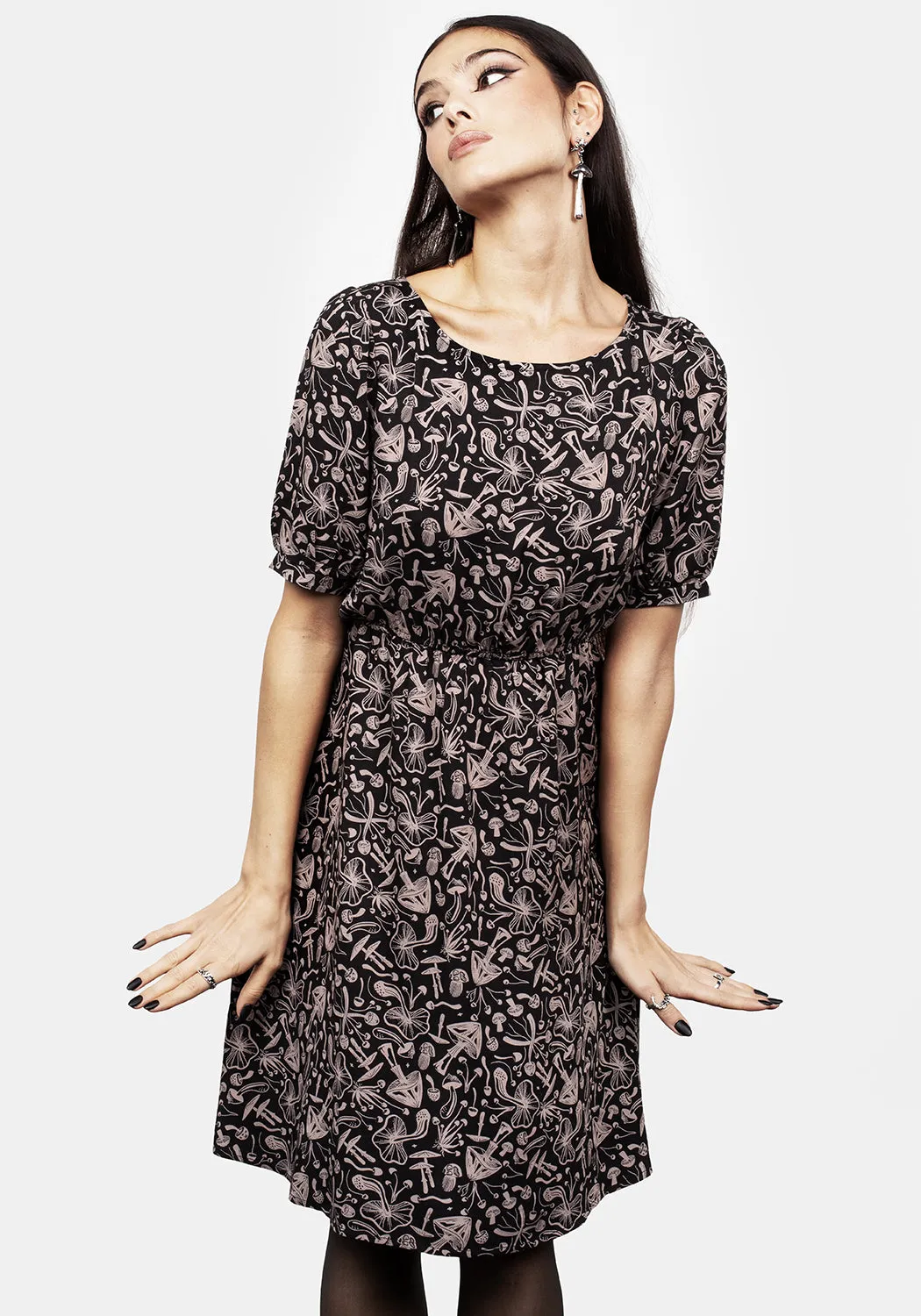 Mycophile Mushroom Print Mini Skater Dress Soft-Lining