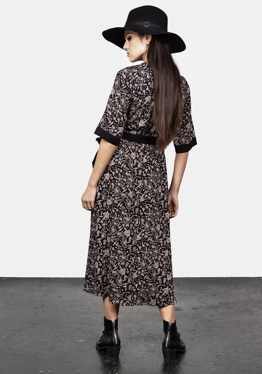 Mycophile Mushroom Print Wrap Midi Dress Quick Glam
