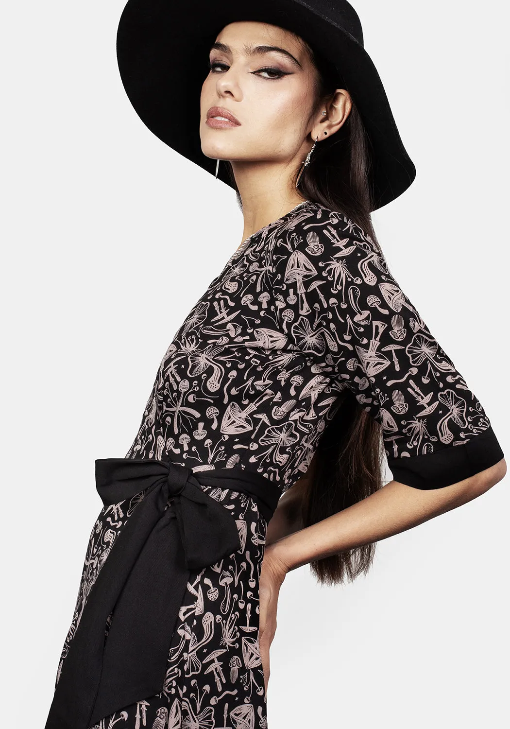 Travel-Essential Mycophile Mushroom Print Wrap Midi Dress