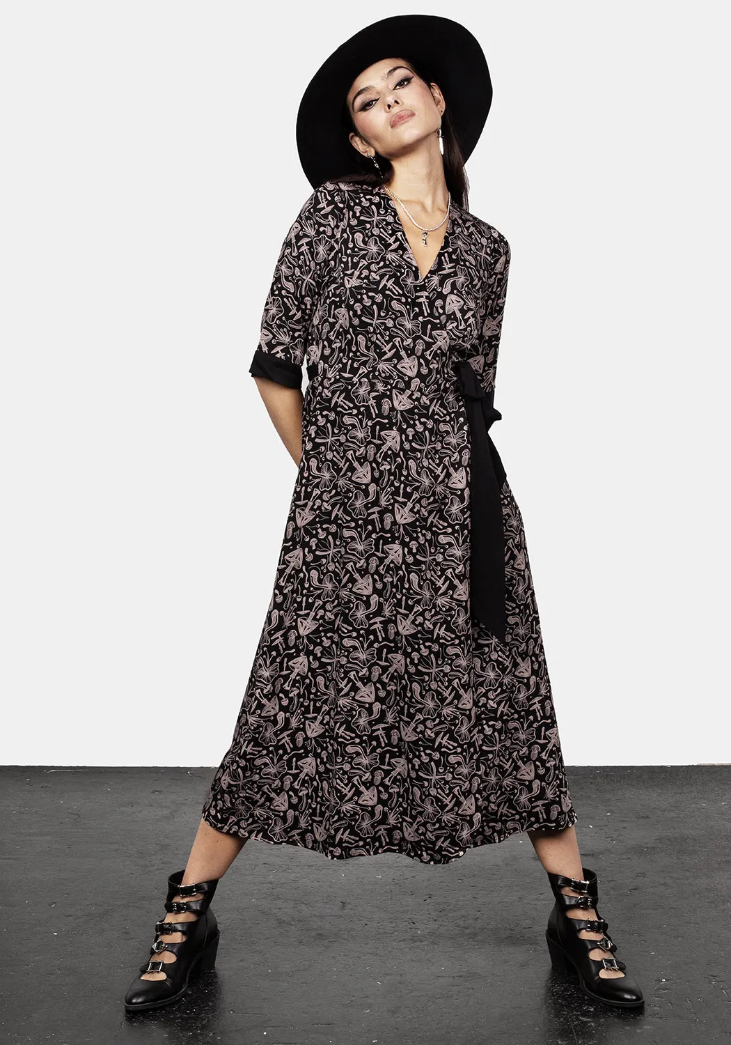 Fall Flow Mycophile Mushroom Print Wrap Midi Dress