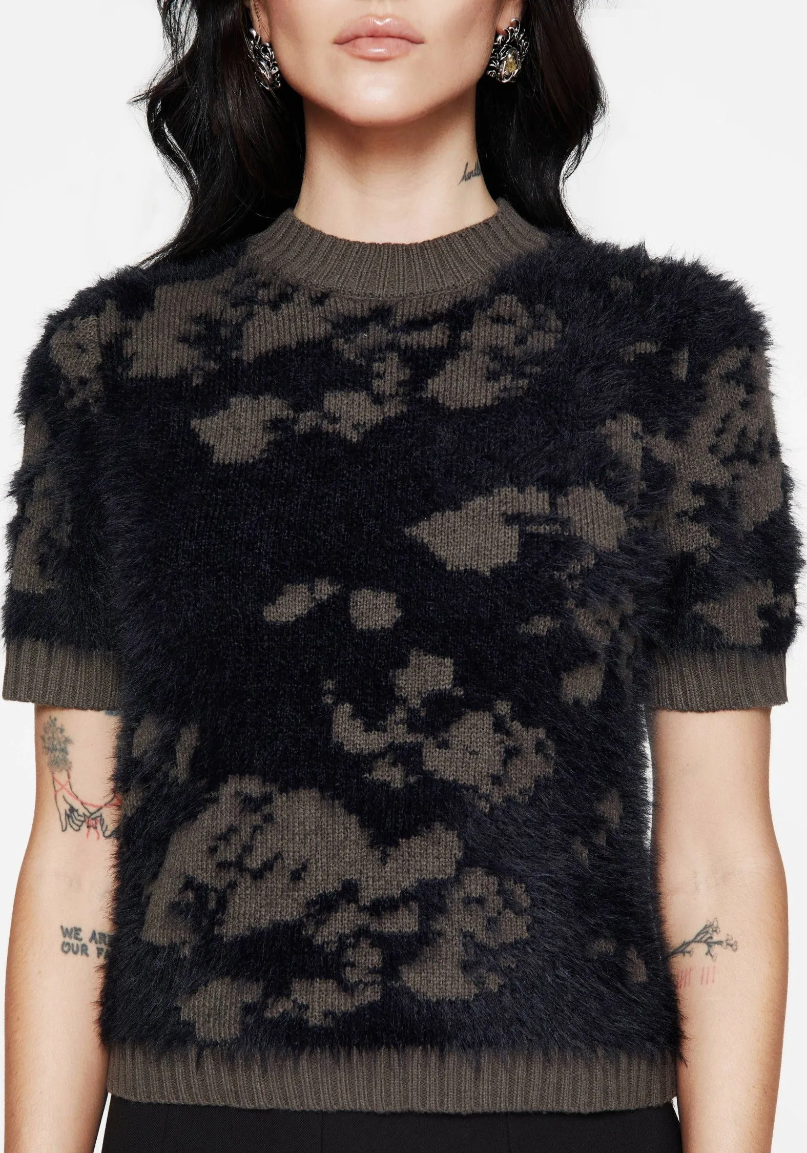 Myra Fluffy Short Sleeve Knit Top WideNeckline Textured Weave Pattern