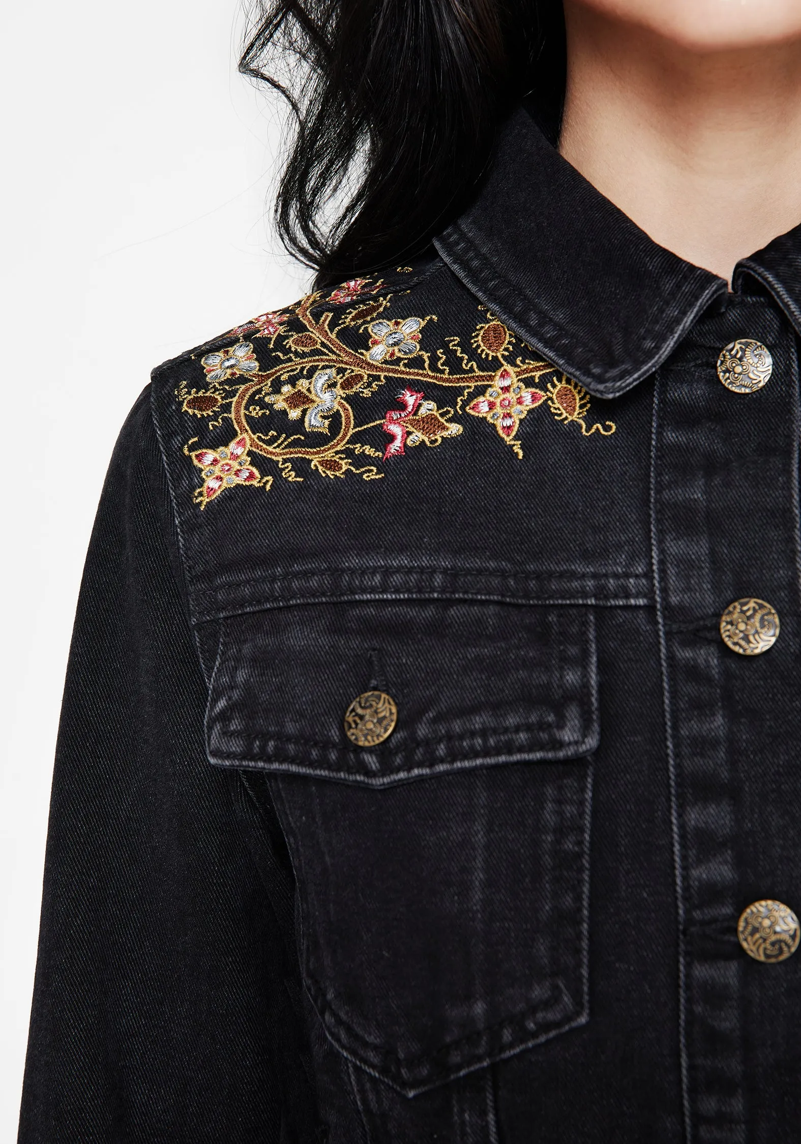 Nasturtium Floral Embroidered Denim Jacket Stay Comfortable Regular Style
