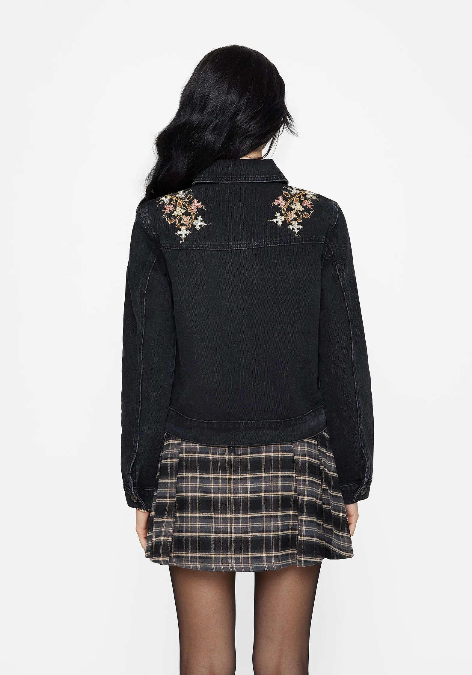 Earthy Rainy Day City Walk Closet Staple Nasturtium Floral Embroidered Denim Jacket