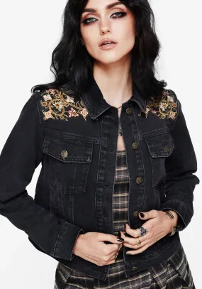 Subtle Texture Perfect for All Nasturtium Floral Embroidered Denim Jacket