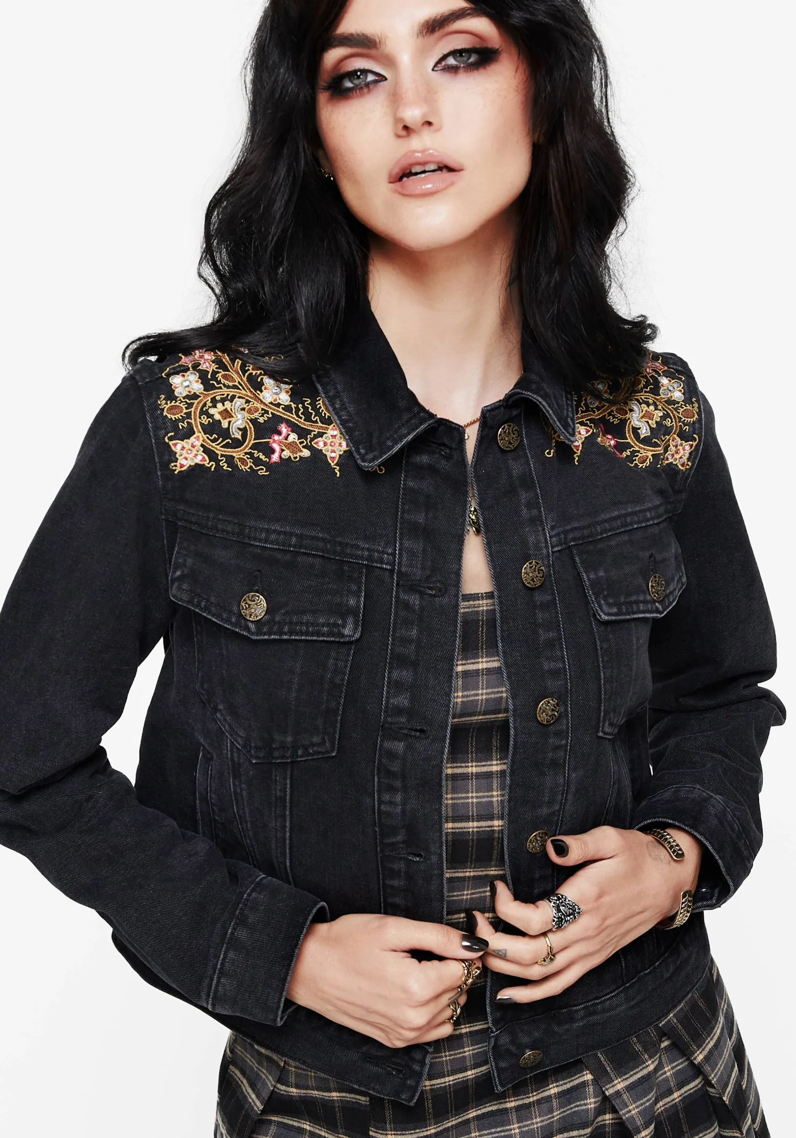 Subtle Texture Perfect for All Nasturtium Floral Embroidered Denim Jacket