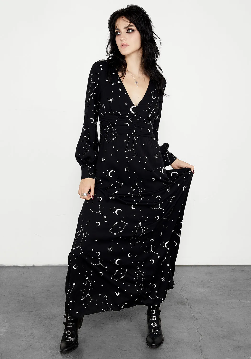 Lace-Sleeve Silver Celestial Print Gathered Maxi Dress