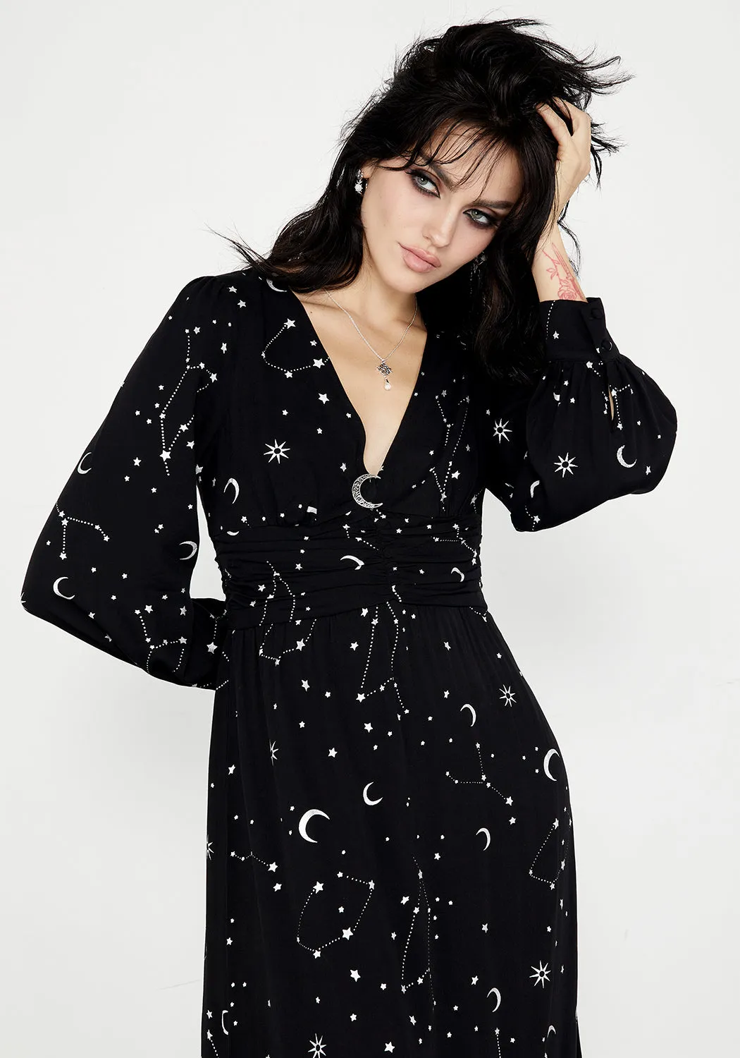 Silver Celestial Print Gathered Maxi Dress Elegant Vibe Gentle Flow