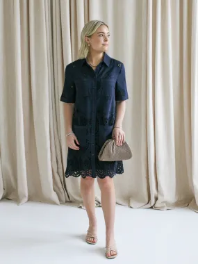 Navy Eyelet Shift Dress Street Casual Calm Drape