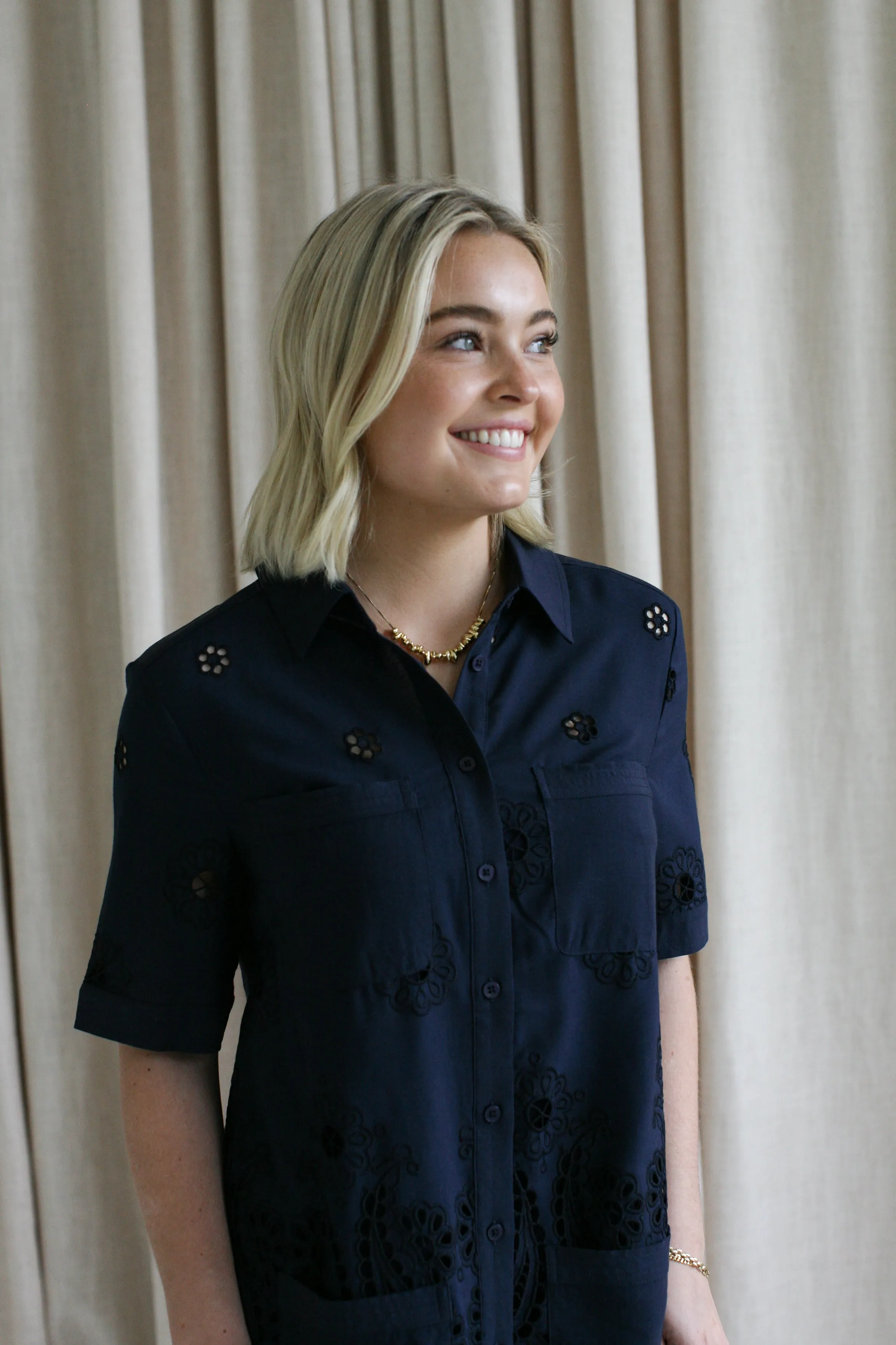 Navy Eyelet Shift Dress Linen Vibe Fit For All