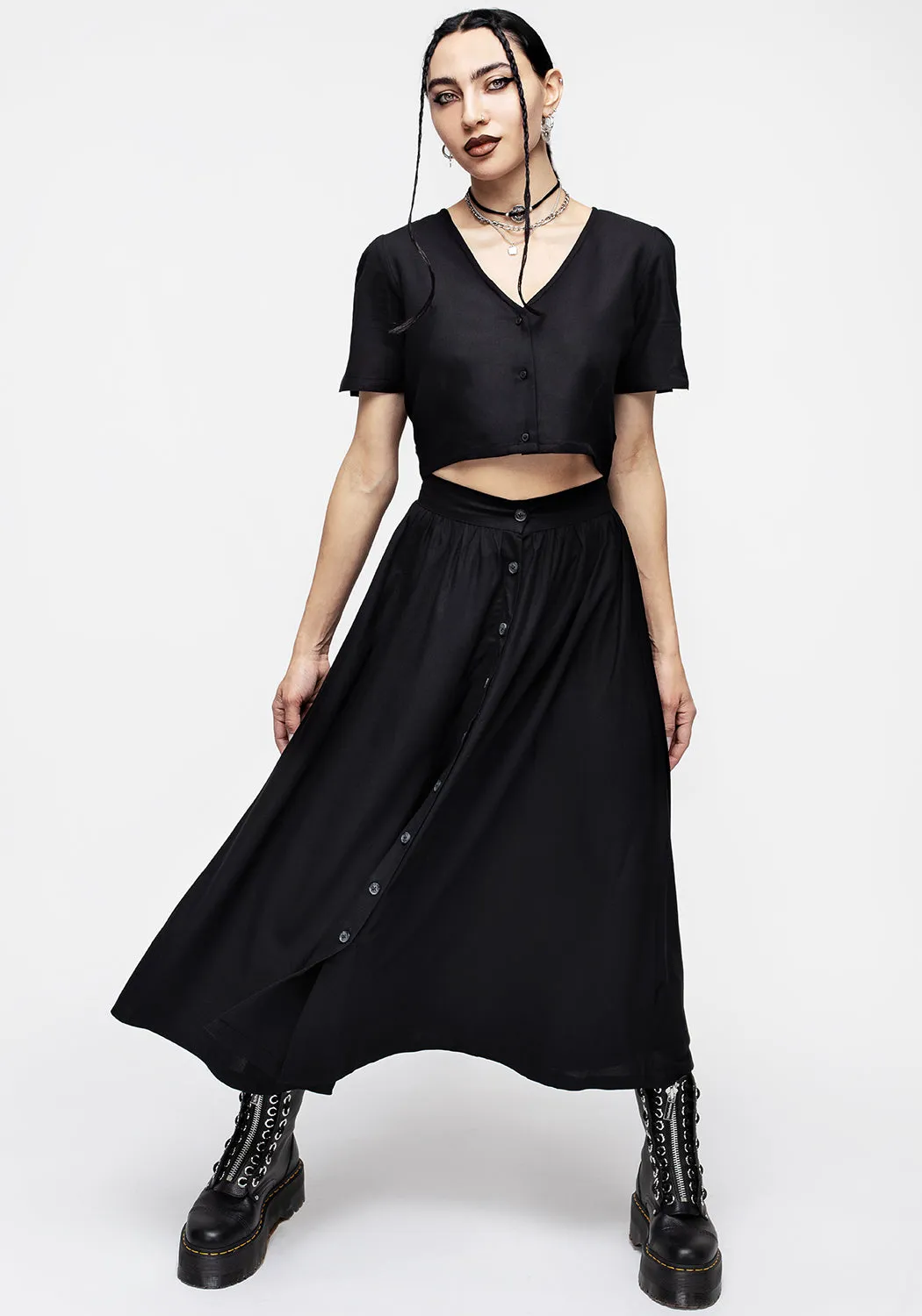 Maidenhair Button Down Midi Skirt - Midnight Black Photoshoot Ready
