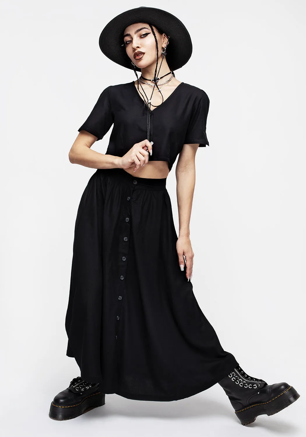 Polished Cut Ventilated Panels Maidenhair Button Down Midi Skirt - Midnight Black