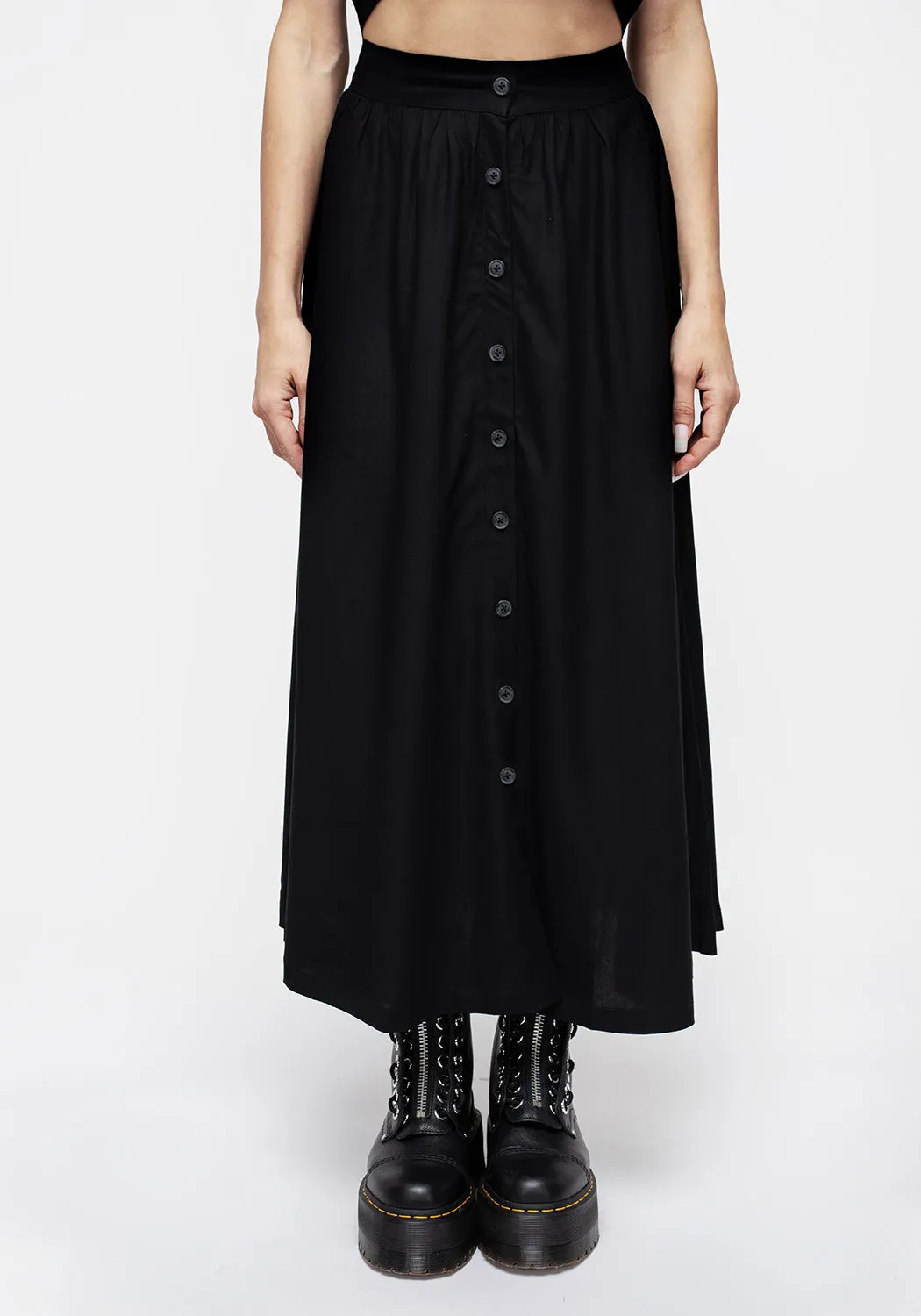 Maidenhair Button Down Midi Skirt - Midnight Black Gentle Wear Timeless Piece