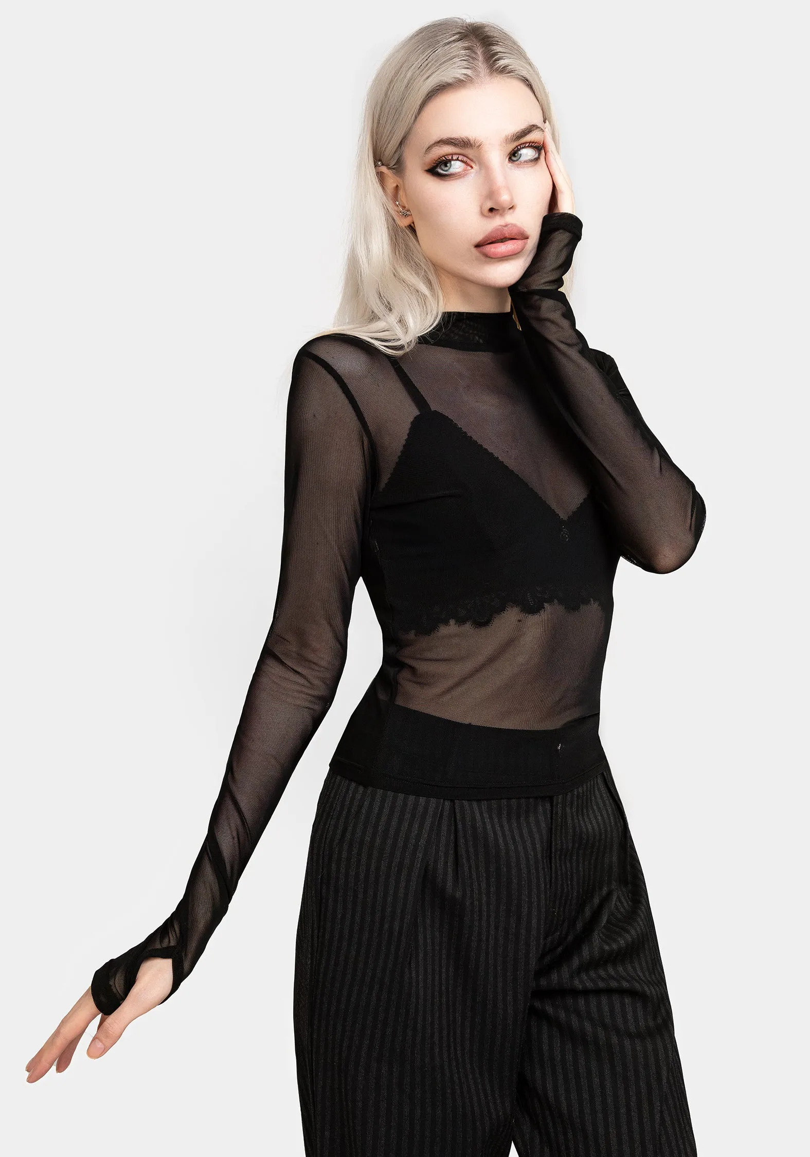 Butter Soft Handfeel Necrosis High Neck Long Sleeve Mesh Top