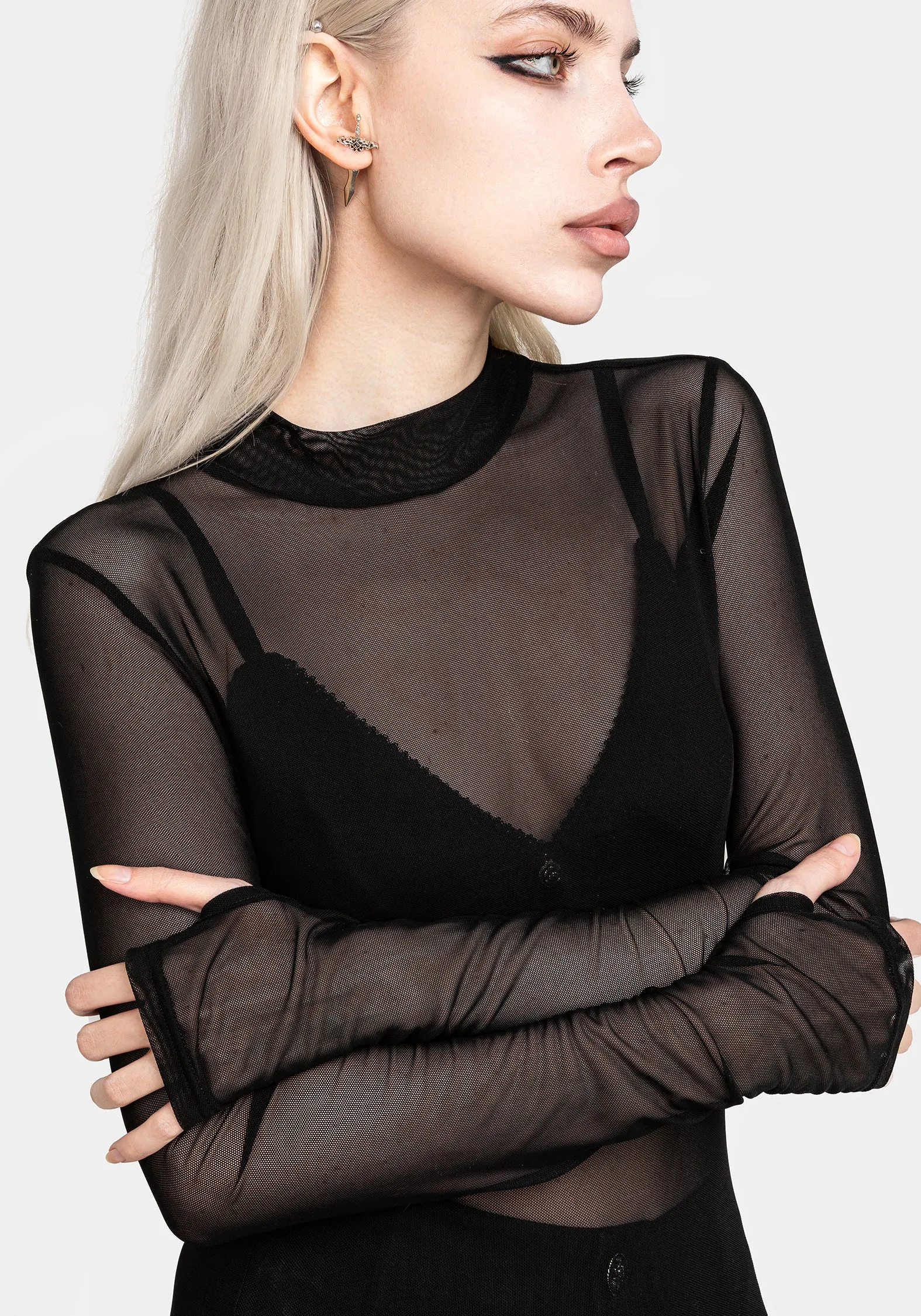 Necrosis High Neck Long Sleeve Mesh Top Self Fabric Tie MinimalistCut