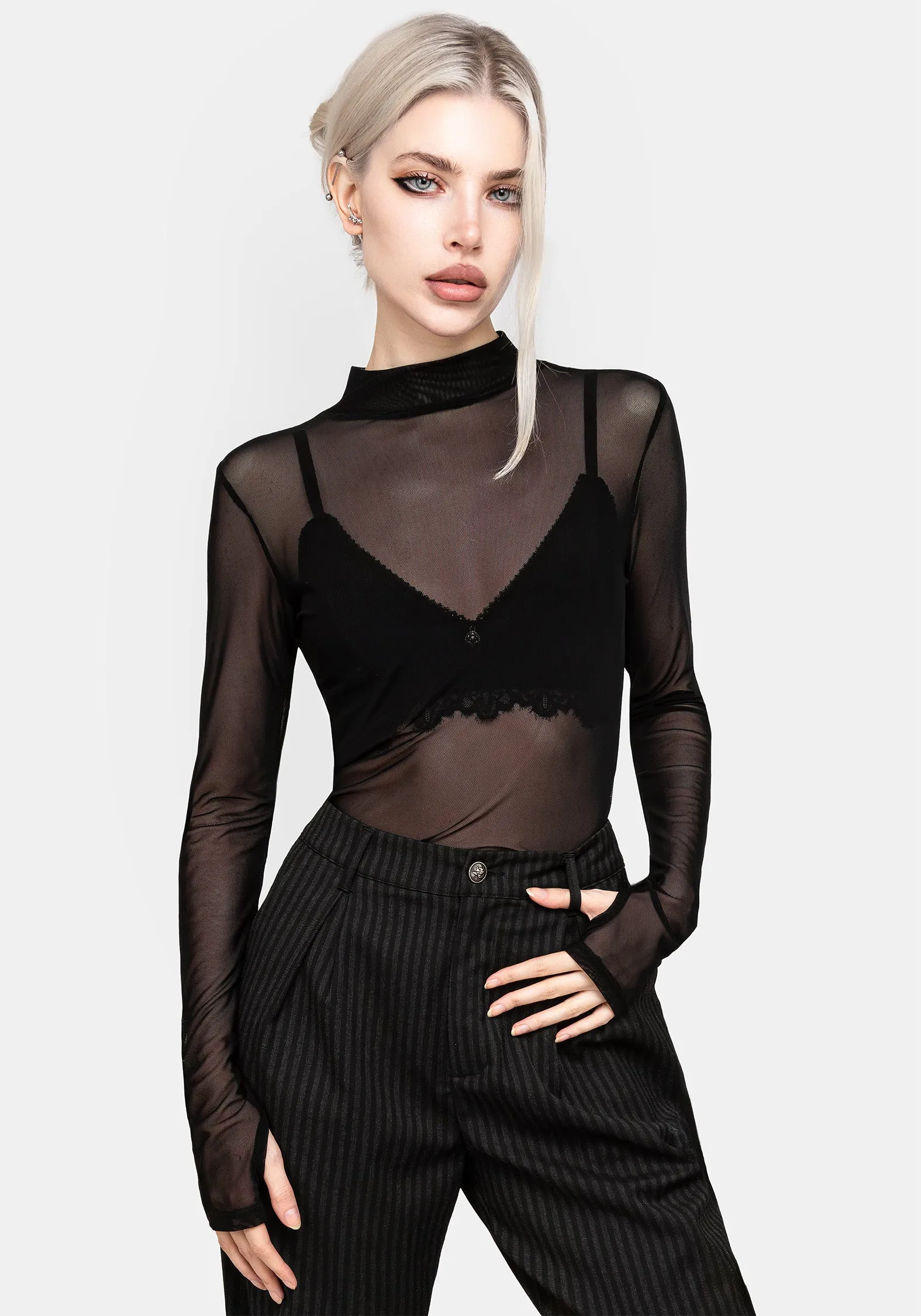 Necrosis High Neck Long Sleeve Mesh Top Chic Style QuickPackFoldableDesign