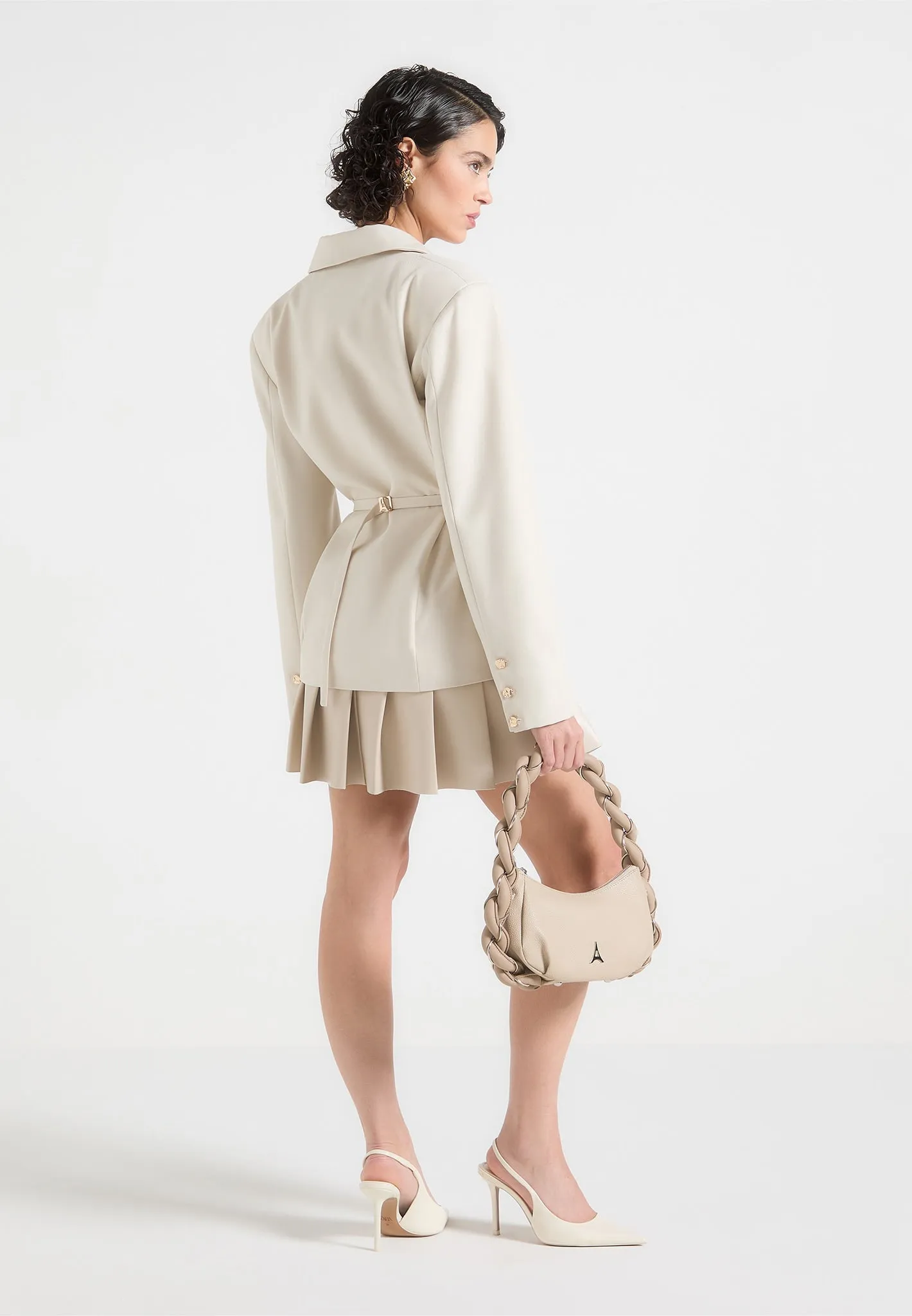 Nicole - Tailored Cinch Blazer Dress with Pleats - Beige Clean Base Relaxed Fit Look
