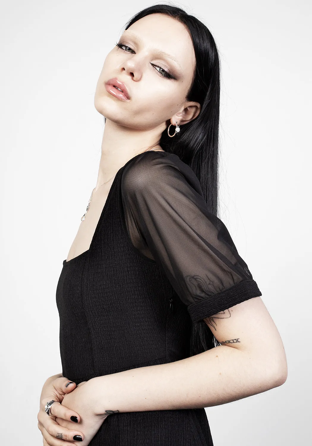 Ammit Midi Dress with Sheer Sleeves Trendy midi dress