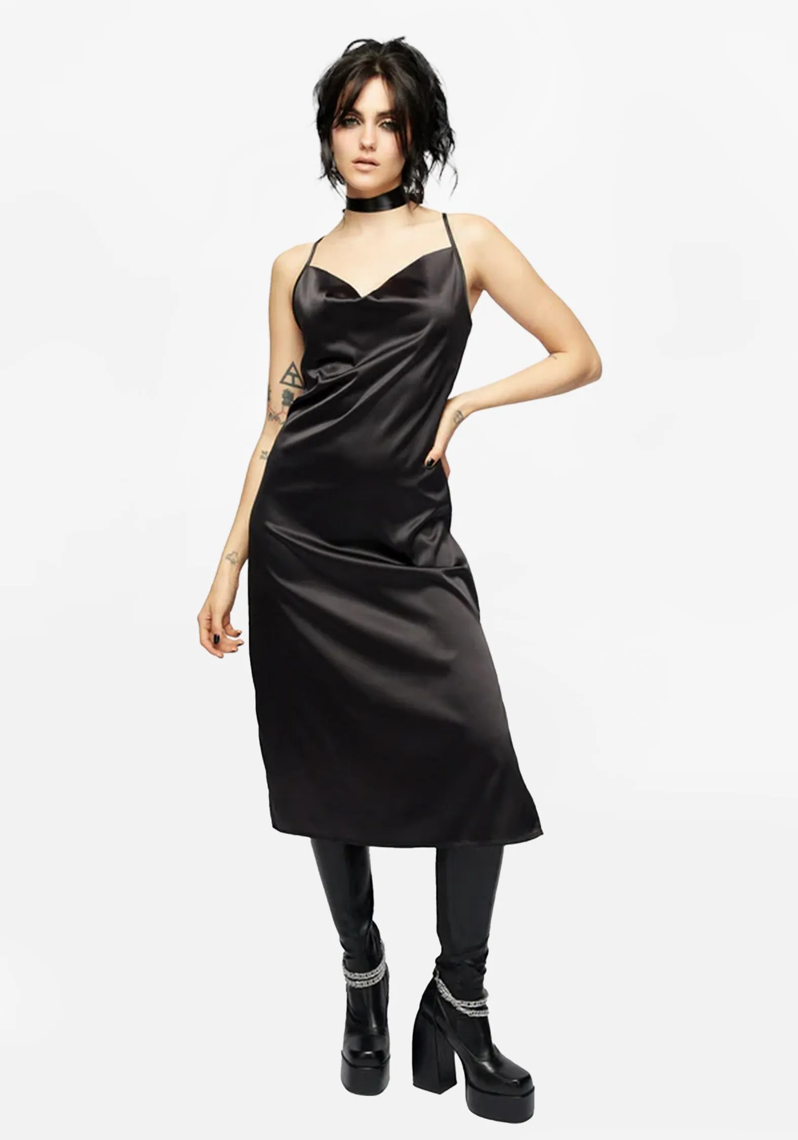 Mood Look All Daywear Medeina Cowl Neck Satin Midi Slip Dress - Midnight Black