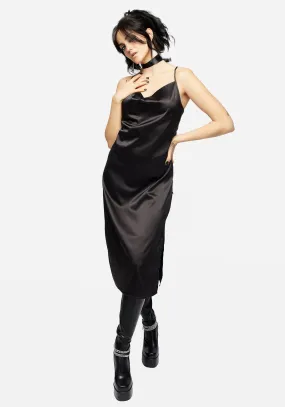 Medeina Cowl Neck Satin Midi Slip Dress - Midnight Black Sweetheart-Neck Comfy Design