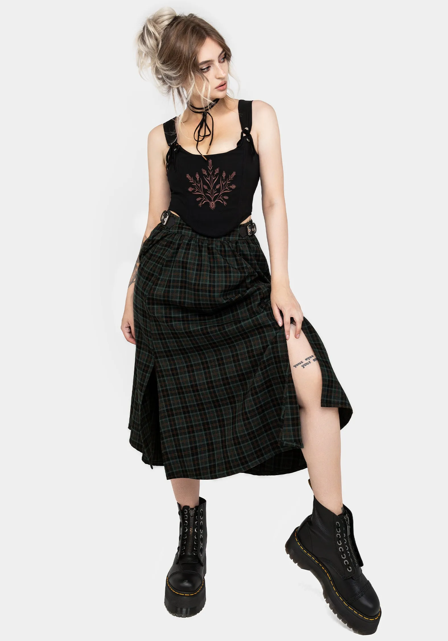 muted tone Textured Surface Nightingale Buckled Check Midi Skirt