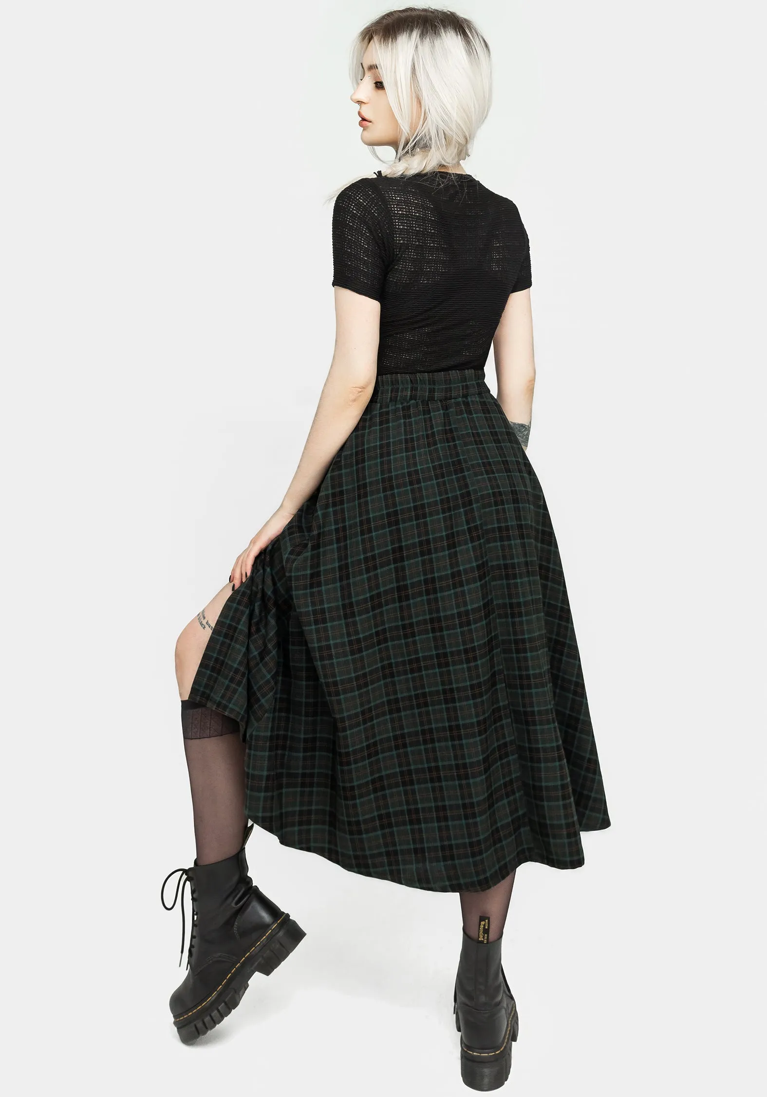 Nightingale Buckled Check Midi Skirt Hidden pockets Low Rise