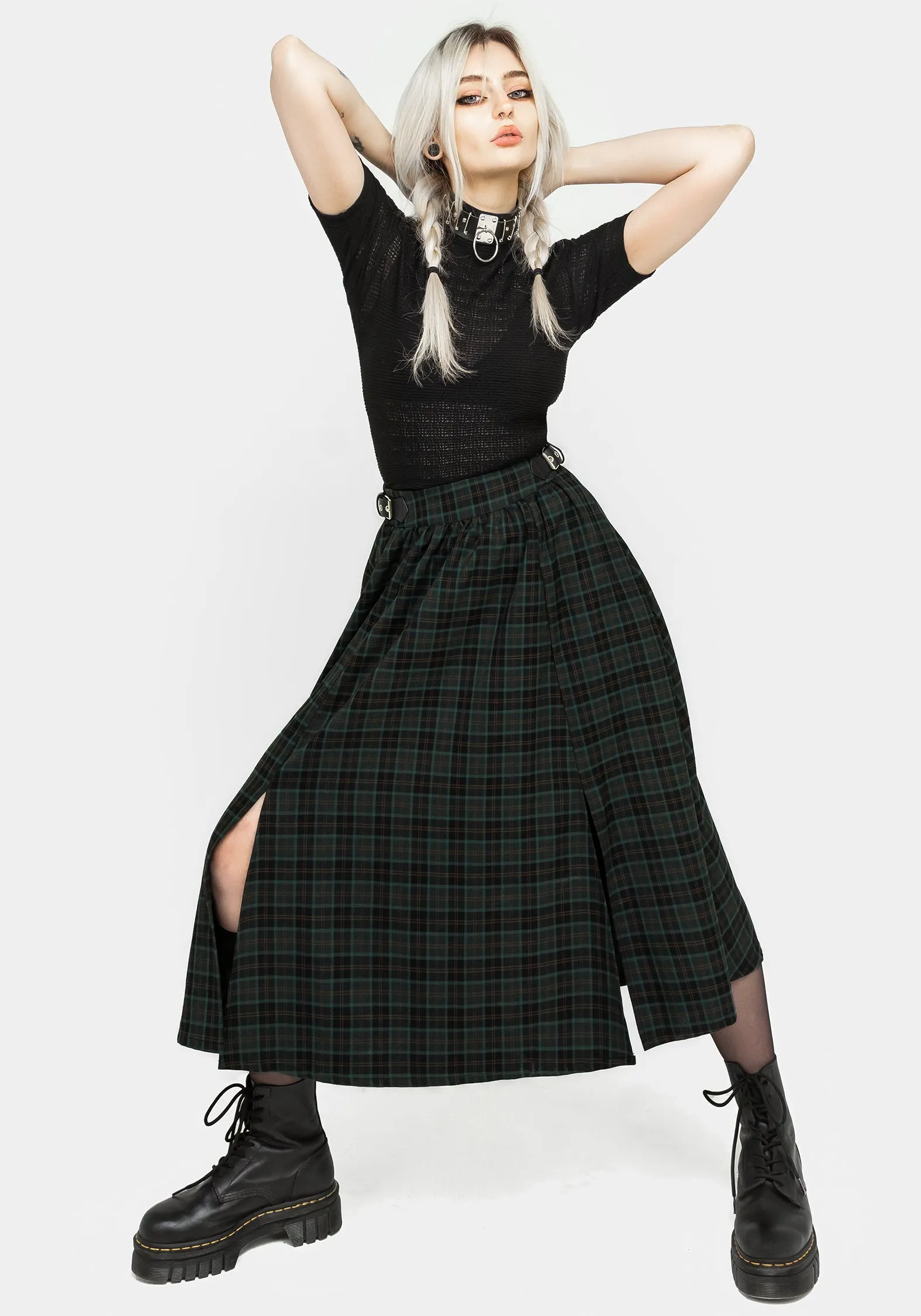 Nightingale Buckled Check Midi Skirt Travel Ready