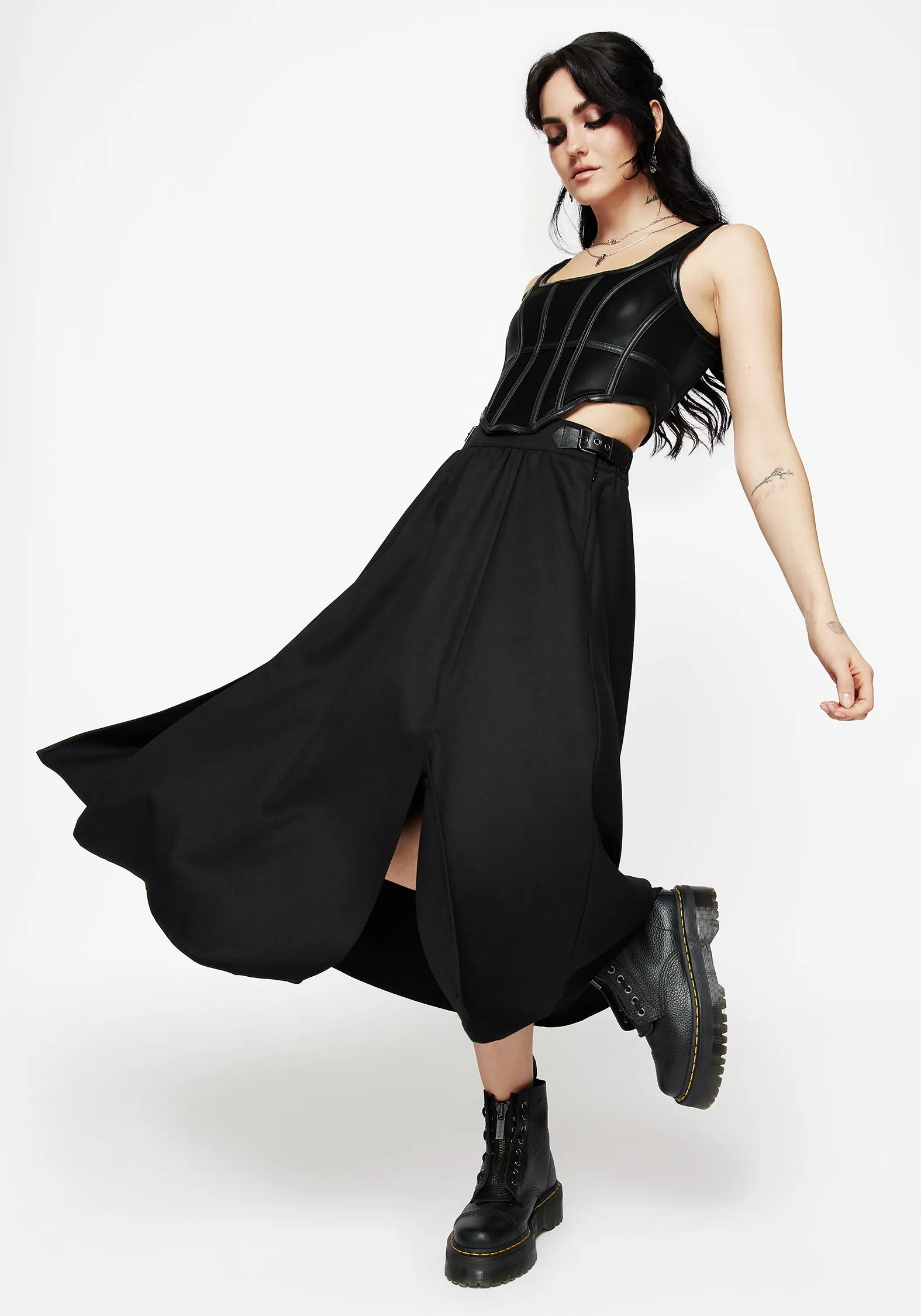 Nightingale Buckled Midi Skirt - Black Anti Pilling Fabric Light Flow