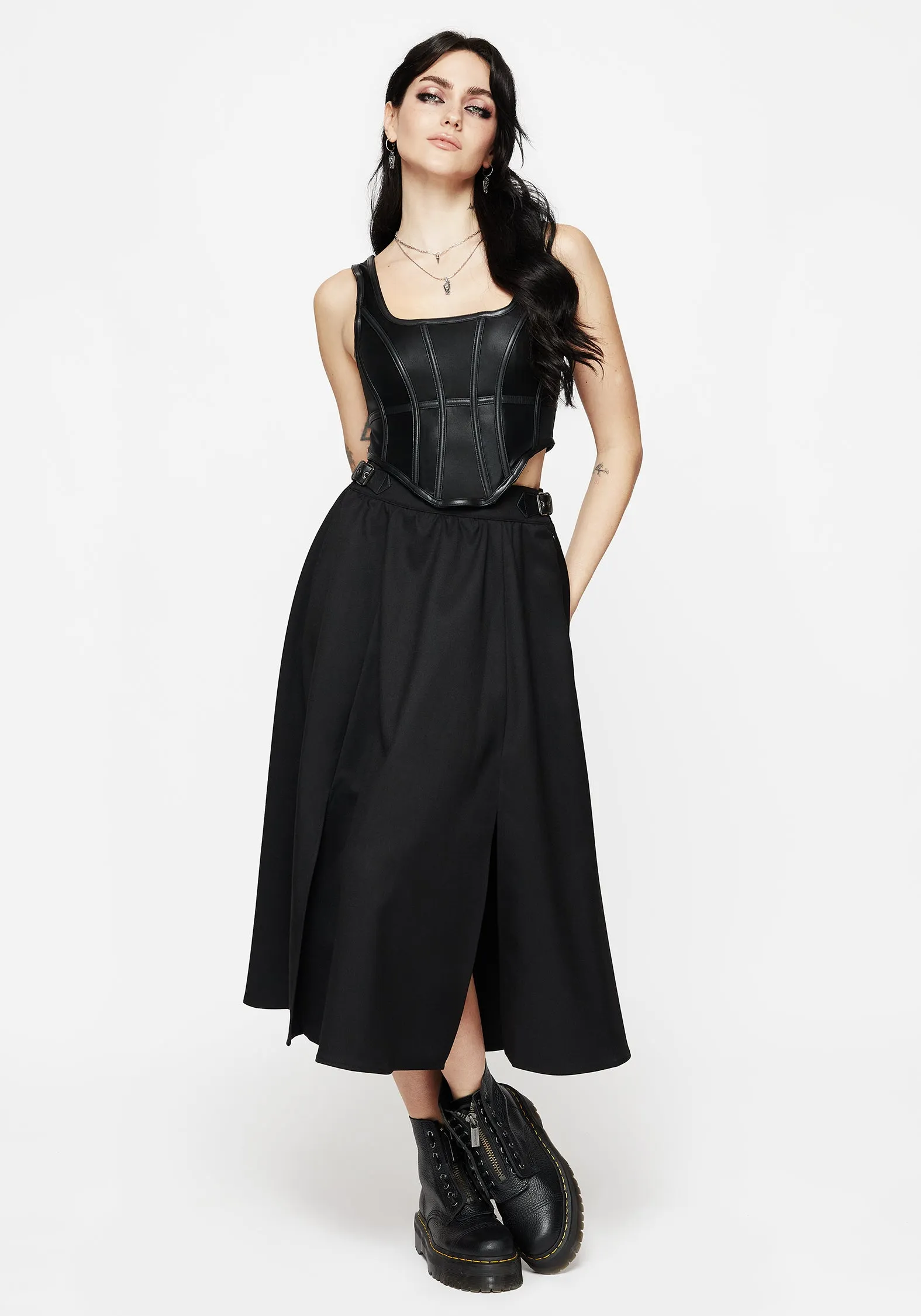 Nightingale Buckled Midi Skirt - Black Machine washable