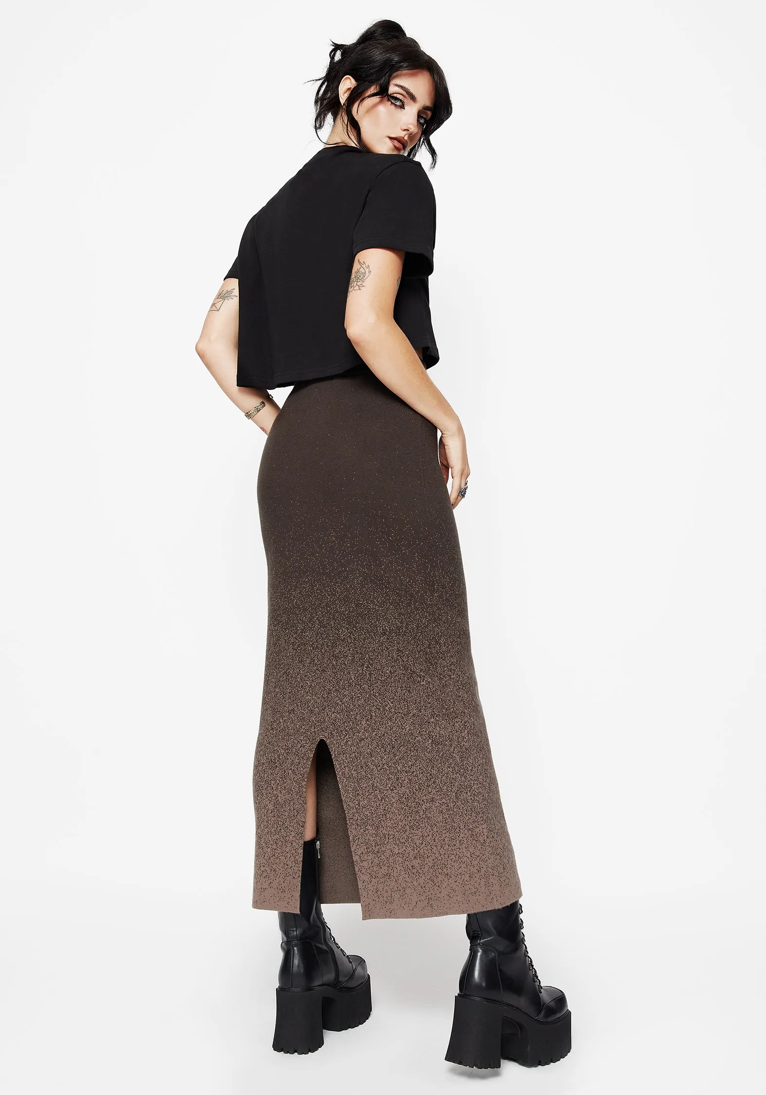 Glossy Texture Detail Focus Nightjar Ombre Knit Maxi Skirt - Taupe