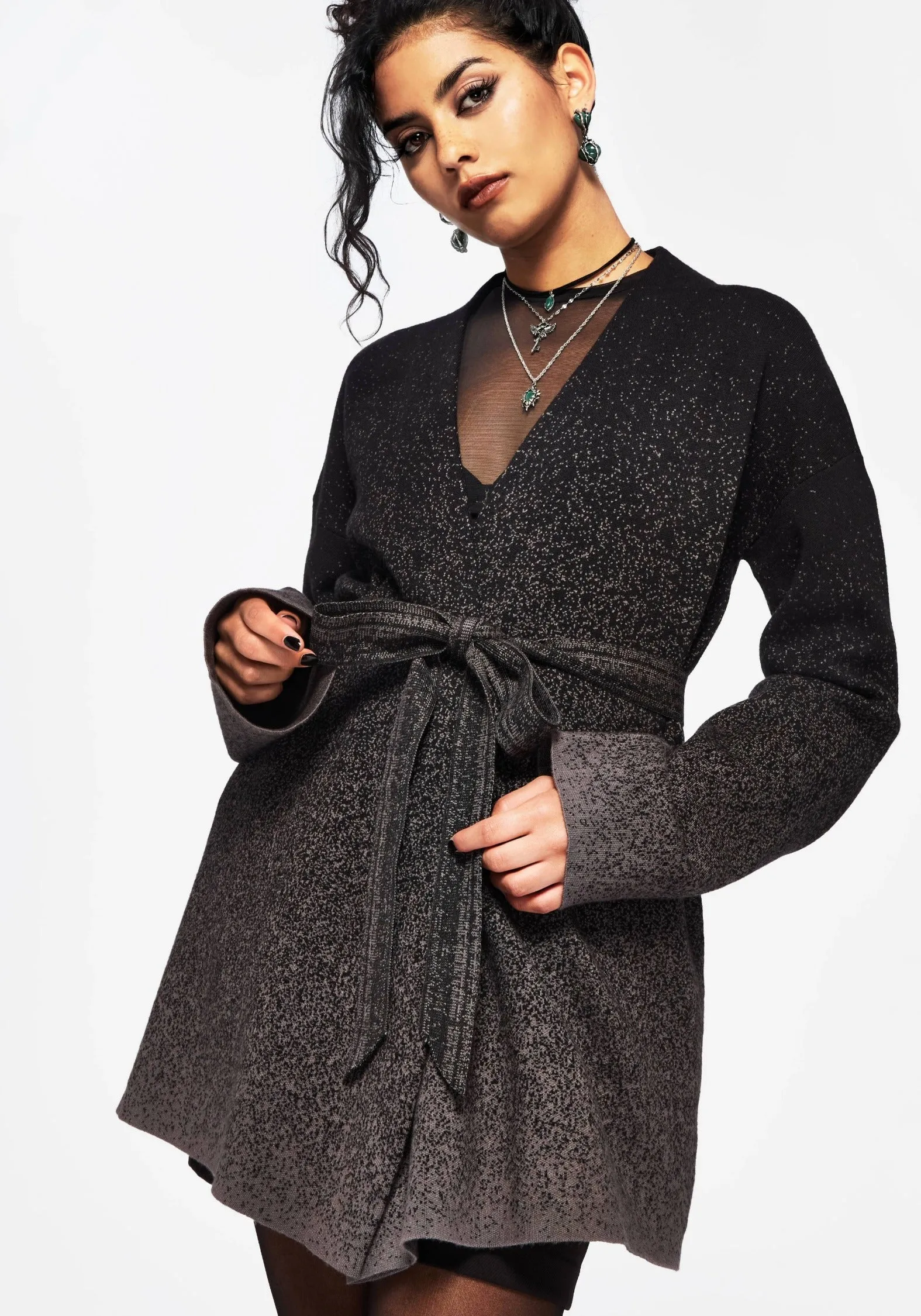 Moisture Wicking Yarn Drop Shoulder Nightjar Ombre Tie Wrap Cardigan