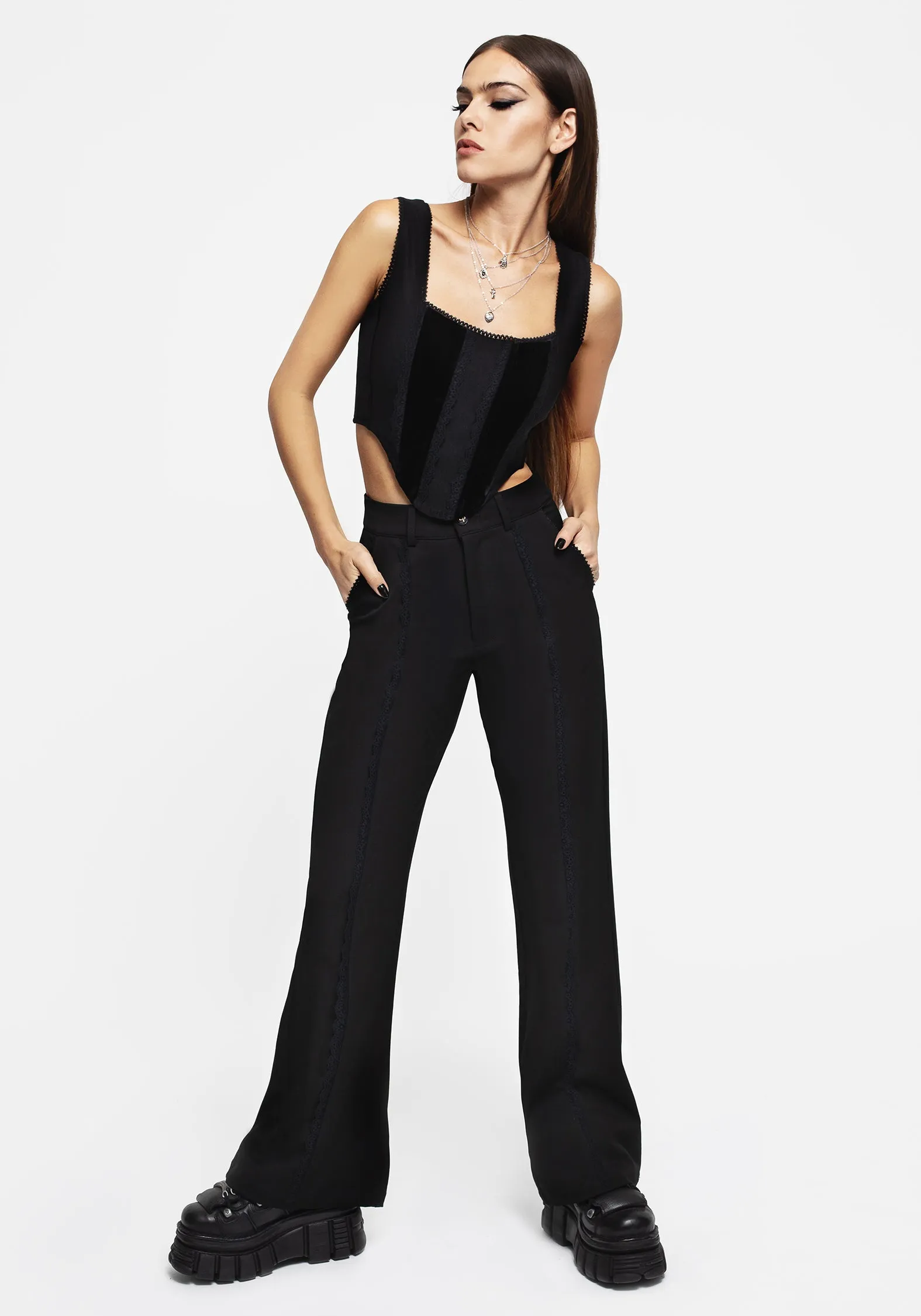 Nightlife Lace Trim Flared Trousers Flowy Drape