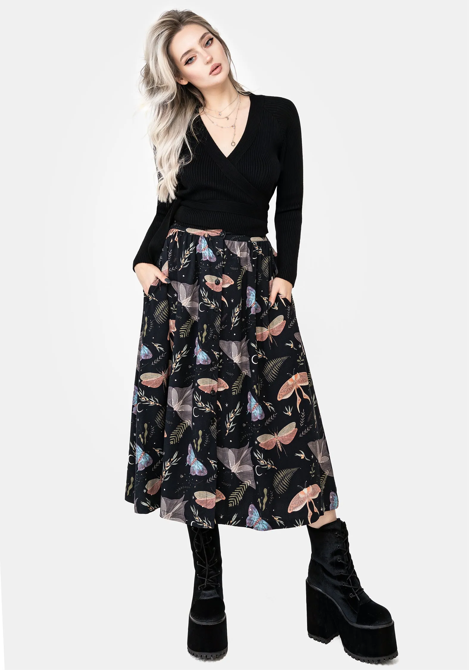Stretch Comfort Mix Culture Nightmoth Button Up Midi Skirt