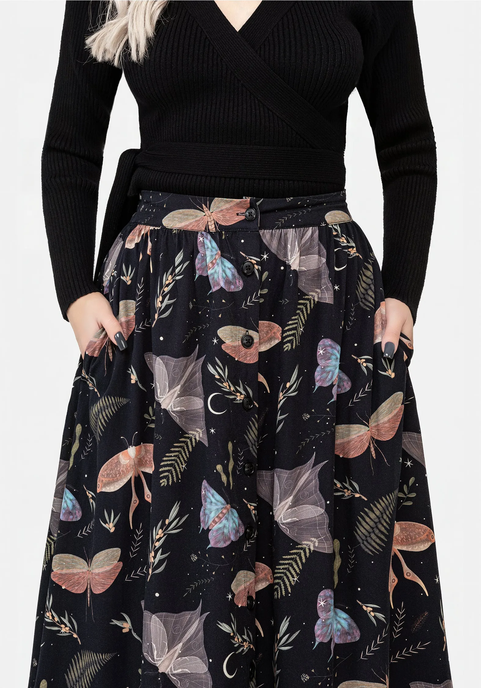Nightmoth Button Up Midi Skirt Adjustable Waist