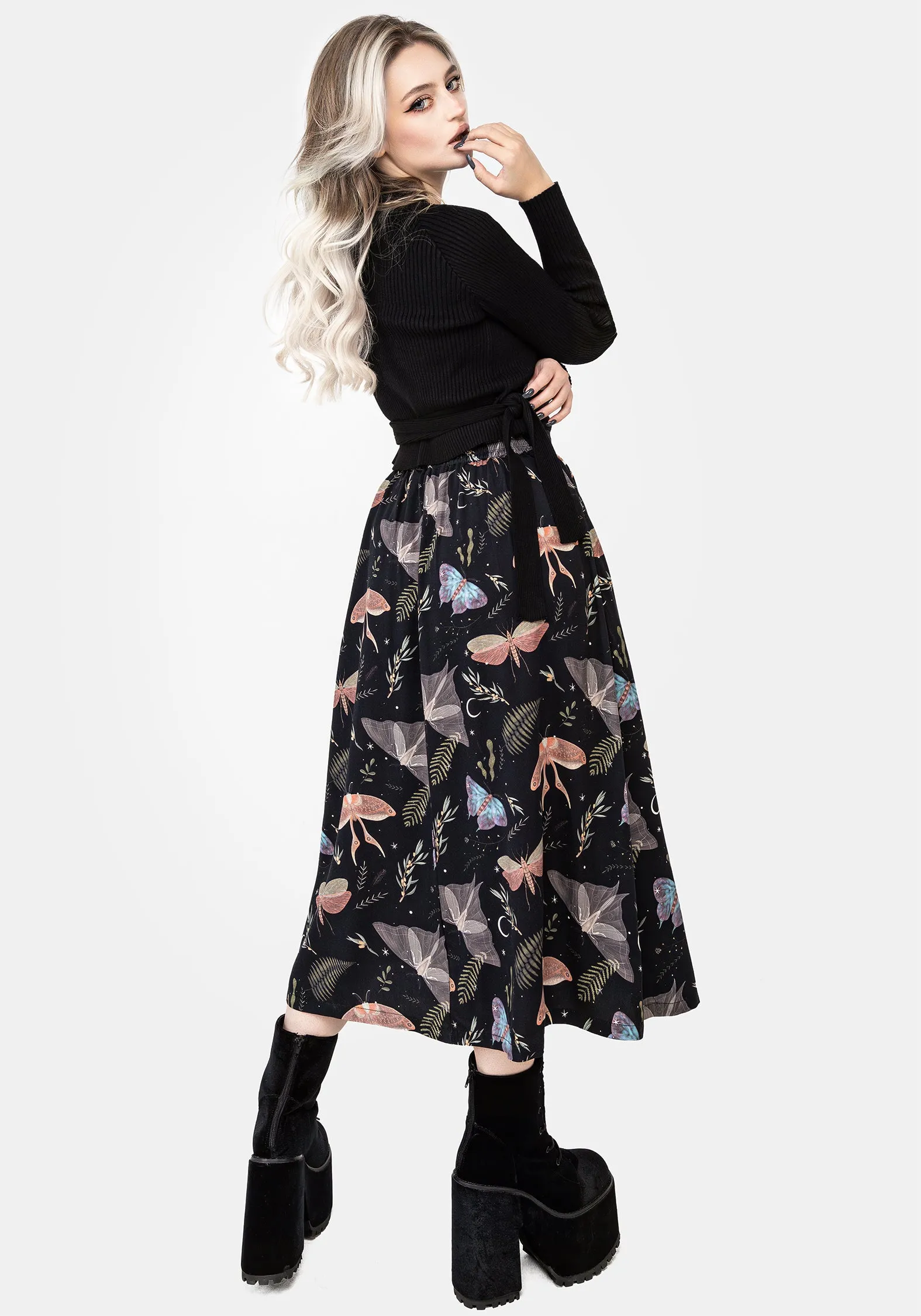 High Shine light texture Nightmoth Button Up Midi Skirt