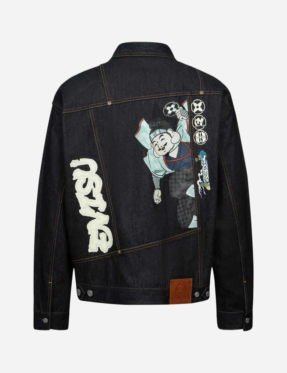 Ninja Godhead Print Loose Fit Deconstructive Denim Jacket Wrinkle Resistant Textile