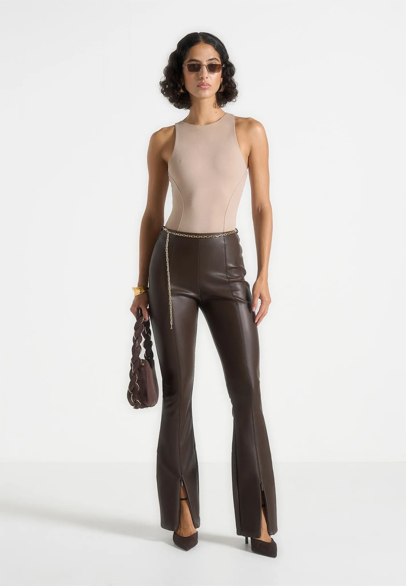 Ninon - Leather Fit And Flare Leggings With Chain - Brown Work Commute Slim Fit Clean Finish