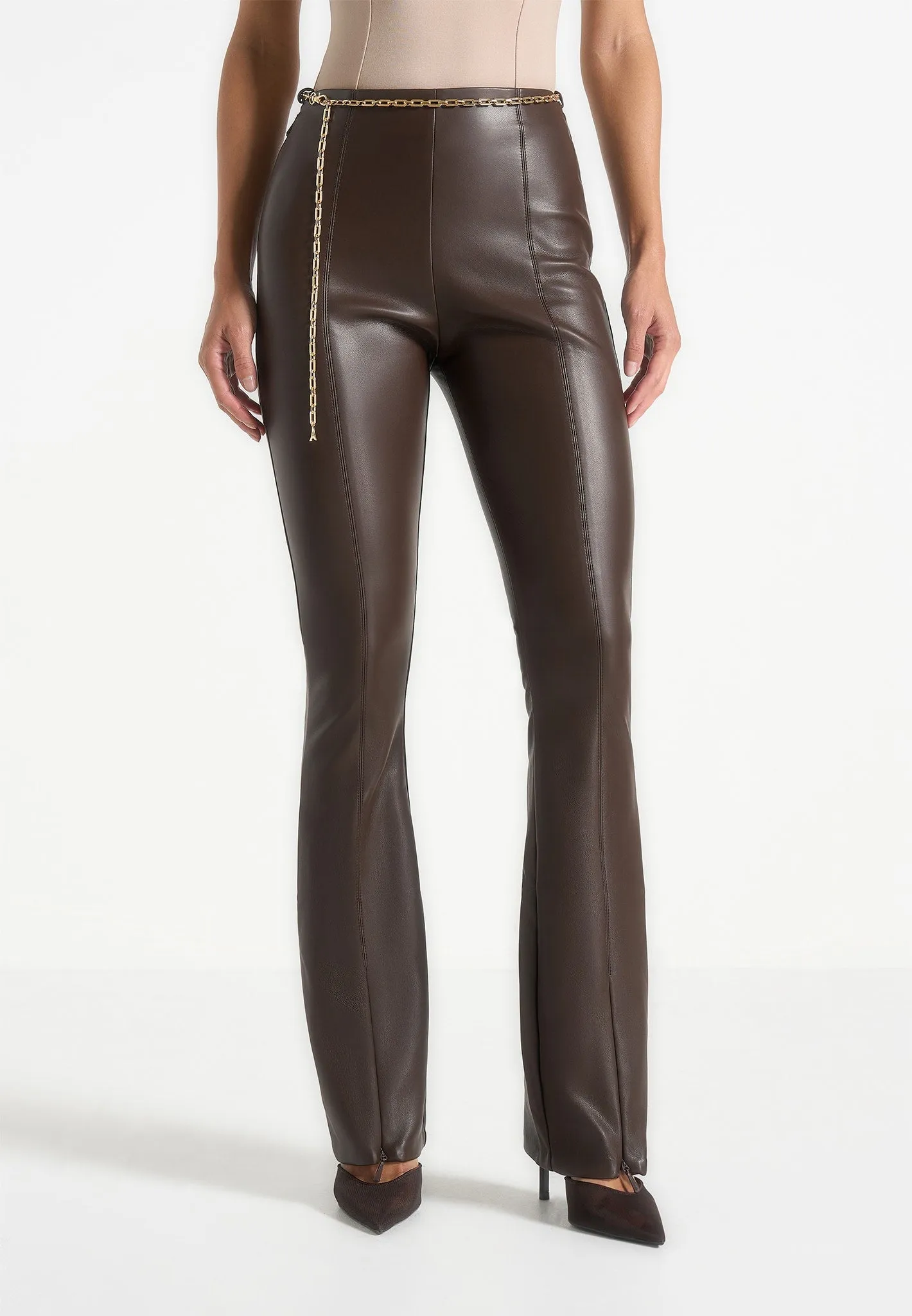 High Waist Pro Athlete Easy Motion Ninon - Leather Fit And Flare Leggings With Chain - Brown
